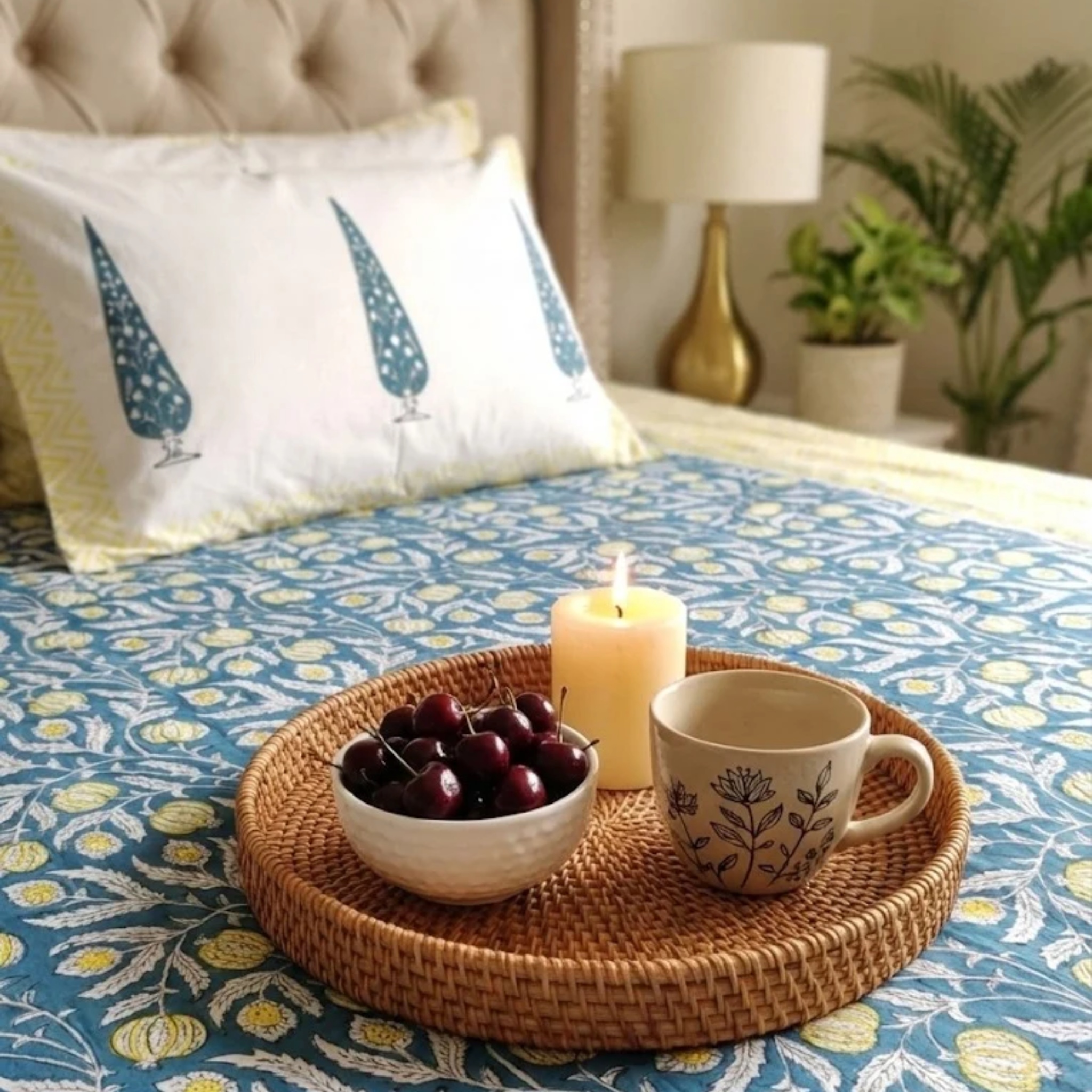 Blue Yellow Anaar Handblock Premium Cotton Bedsheet Set by Aenak Studios | Tooffi