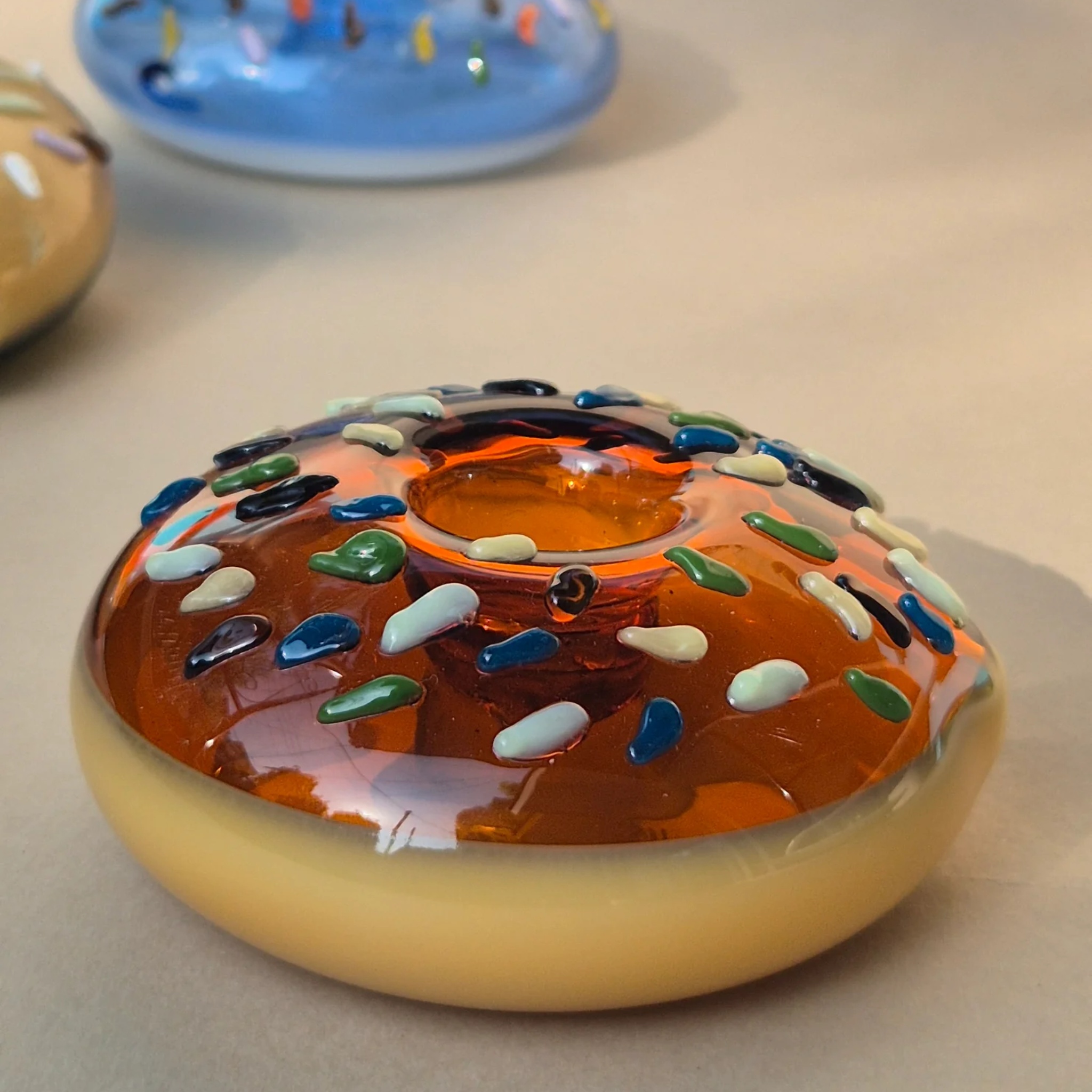 Retro Glass Donut Sculpture- Amber Color by RUSTIC HORSE GLASS STUDIO | Tooffi