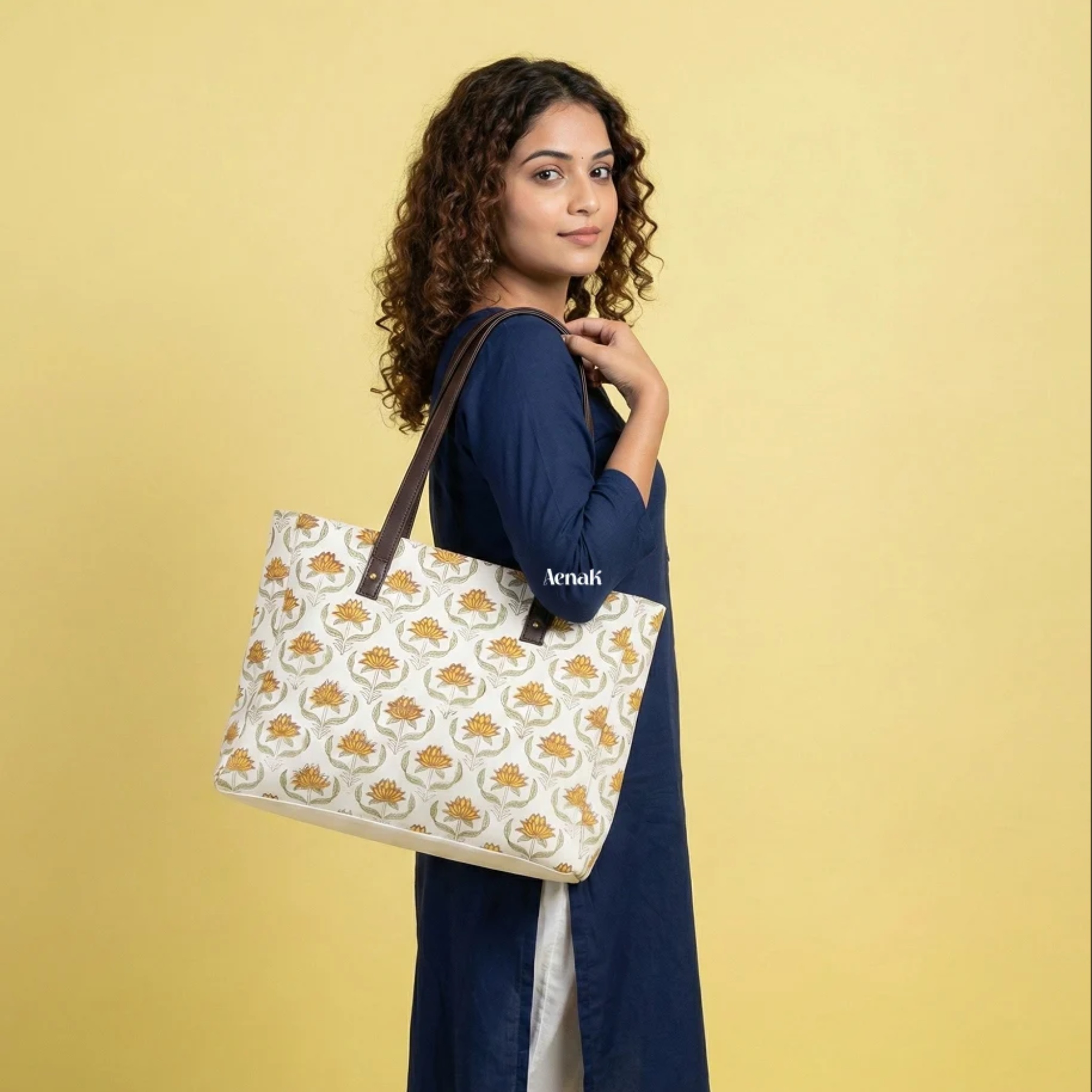 Yellow Lotus Jaal Handblock Artisanal Handbag by Aenak Studios | Tooffi