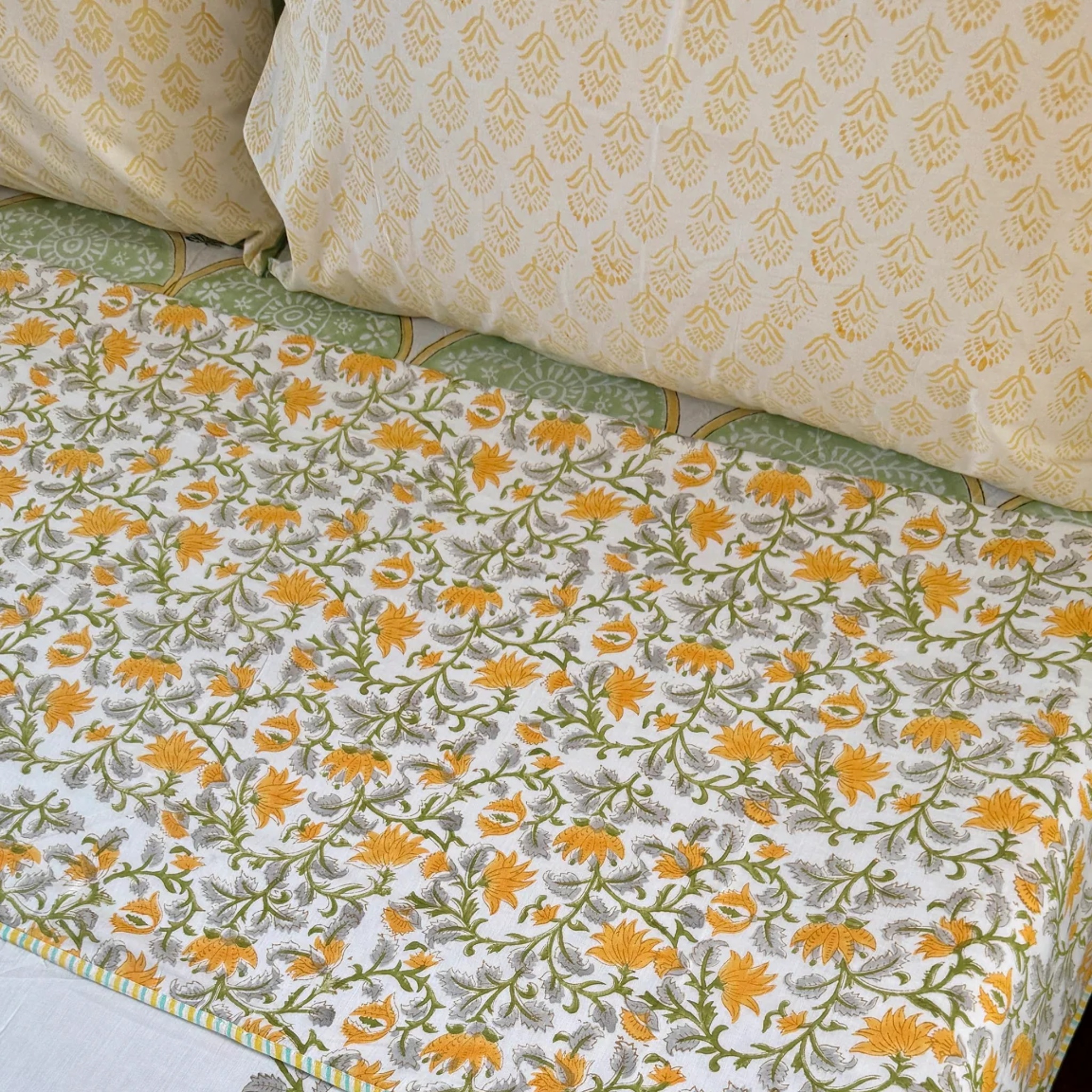 Yellow Dahlia Garden Handblock Mulmul Cotton Reversible Dohar by Aenak Studios | Tooffi