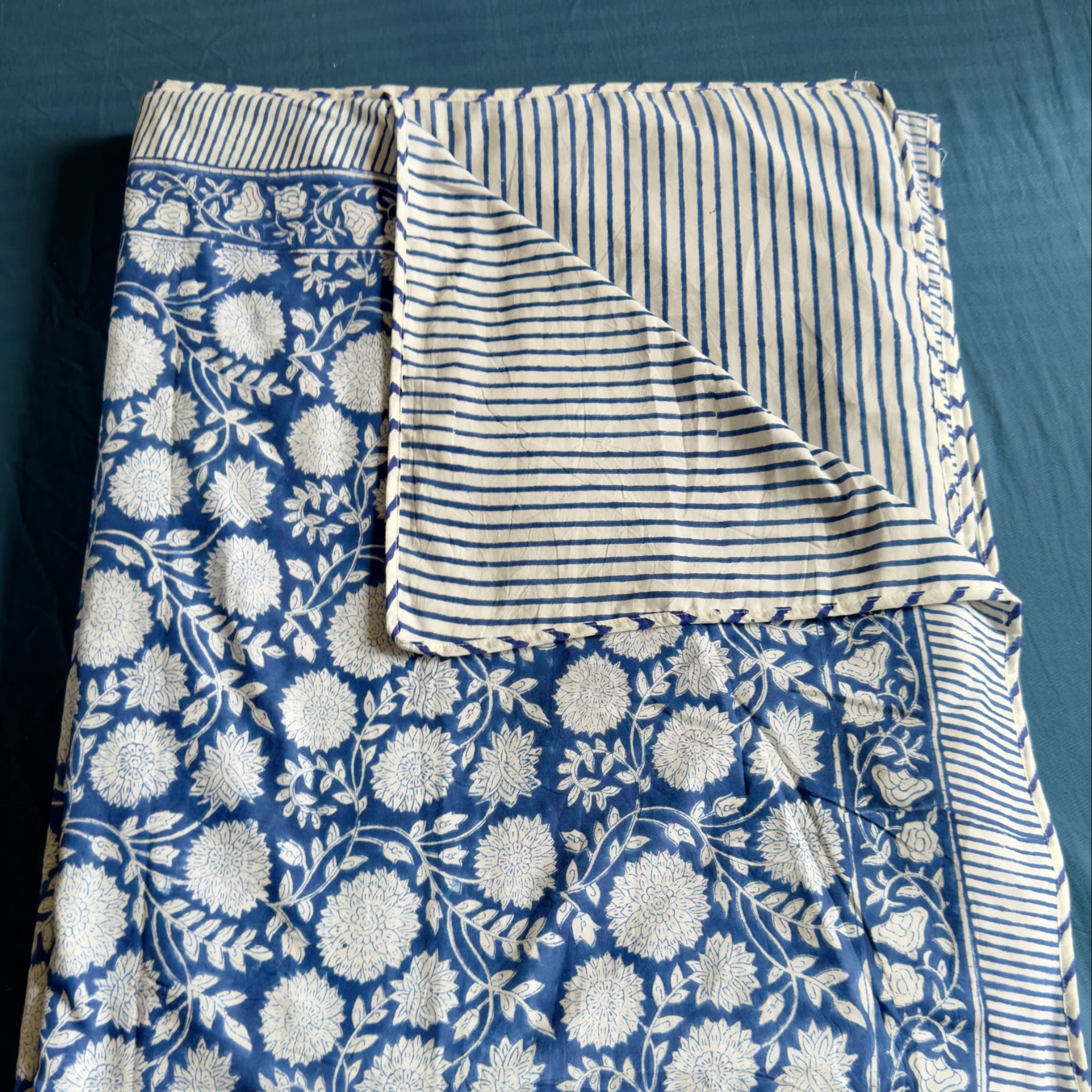 Blue Floral Garden Handblock Mulmul Cotton Reversible Dohar by Aenak Studios | Tooffi
