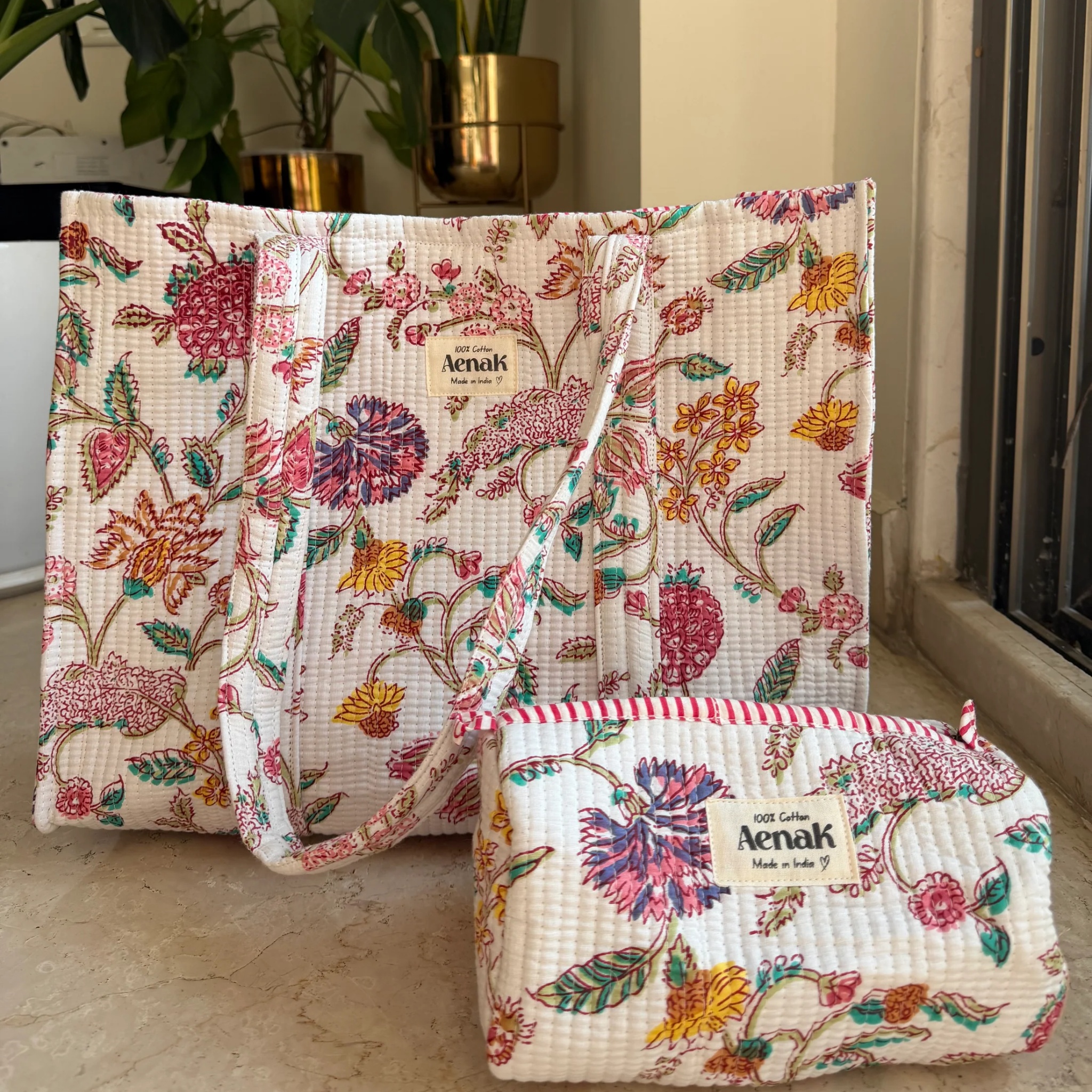 Purple & Pink Floral Garden Quilted Cotton Travel Bag + Vanity Pouch by Aenak Studios | Tooffi
