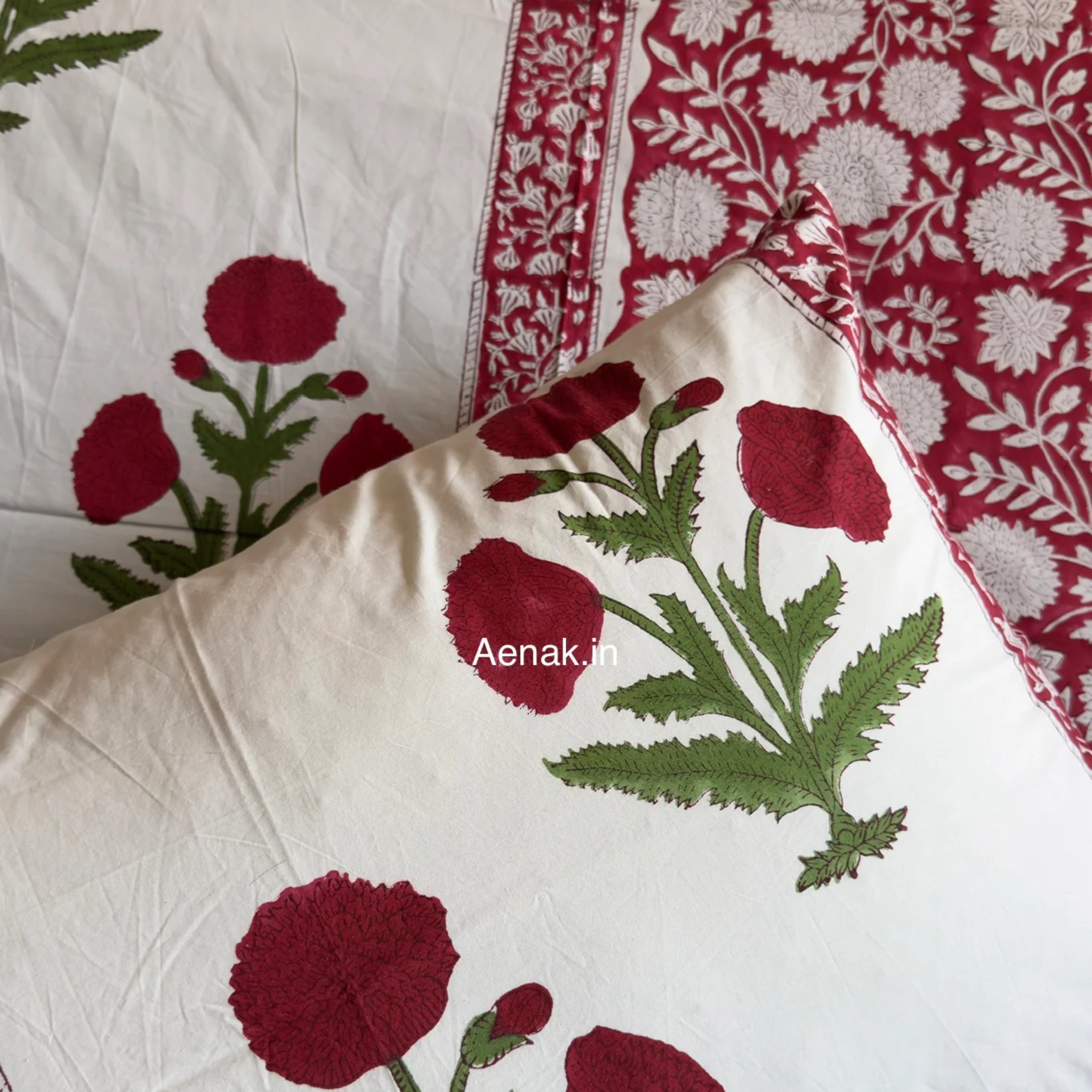 Red Dahlia Gadd Handblock Premium Cotton Bedsheet Set by Aenak Studios | Tooffi
