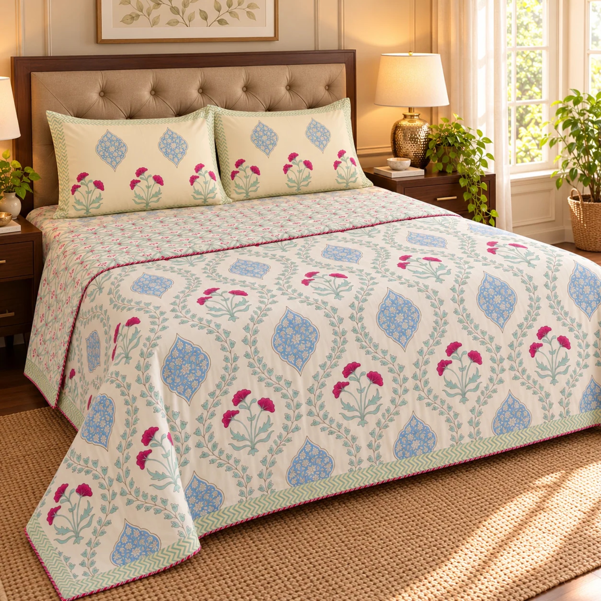 Pink Poppy Jaal Handblock Mulmul Cotton Reversible Dohar (Light Beige Base) by Aenak Studios | Tooffi
