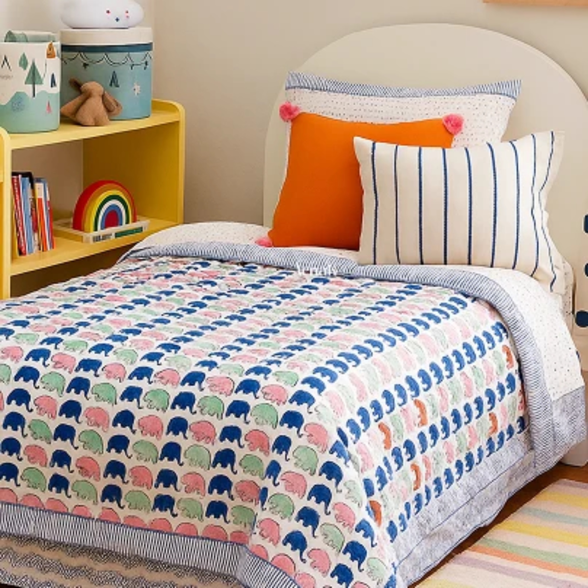 Blue Pink Elephants Handblock Reversible Mulmul Cotton Kids Blanket Set by Aenak Studios | Tooffi