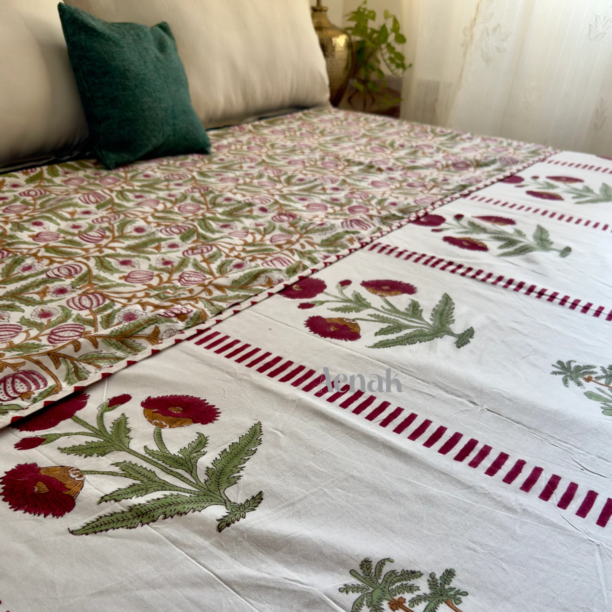 Red Dahlia Handblock Mulmul Cotton Reversible Dohar by Aenak Studios | Tooffi