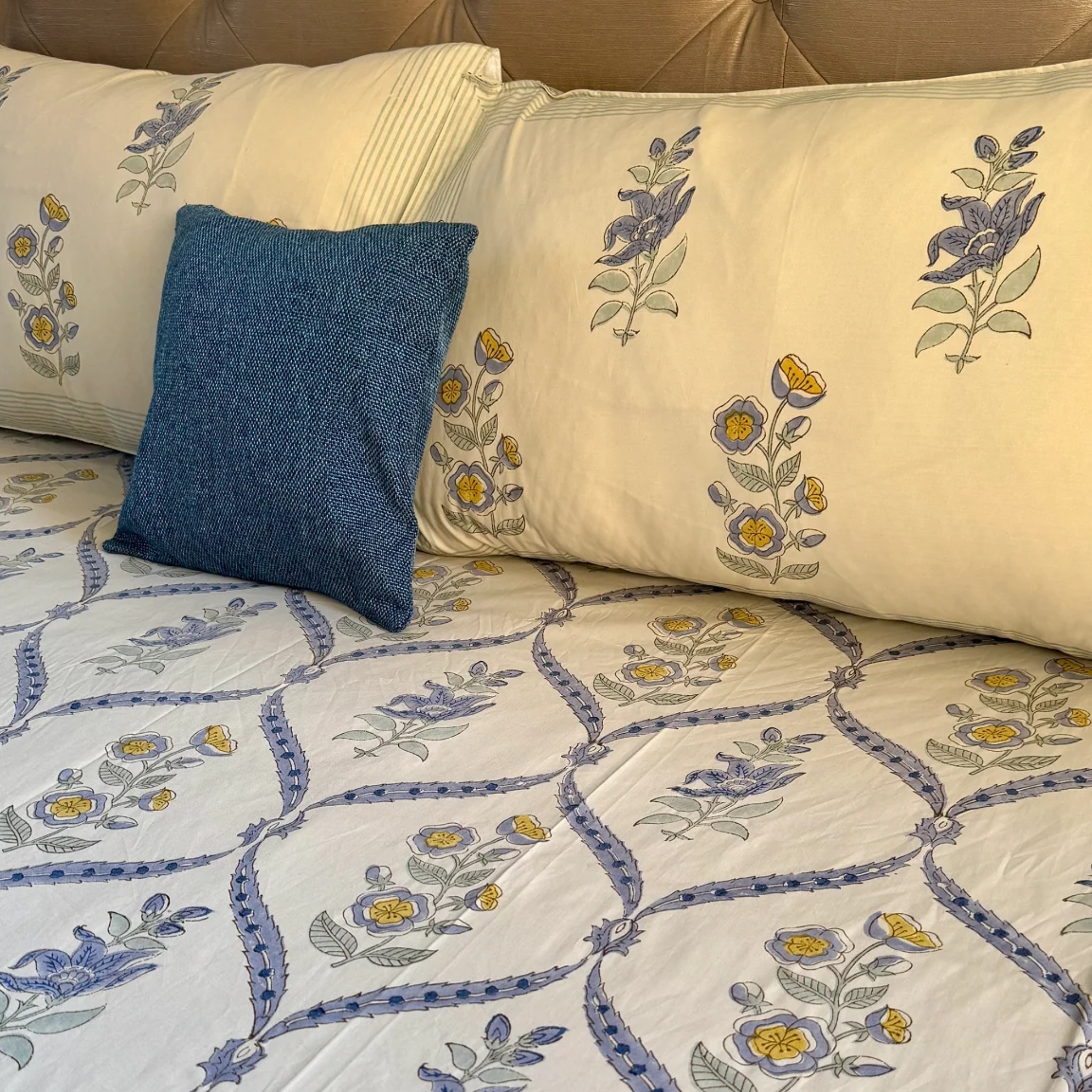 Blue Periwinkle Handblock Bedsheet + Dohar Combo Set (Beige Base) by Aenak Studios | Tooffi
