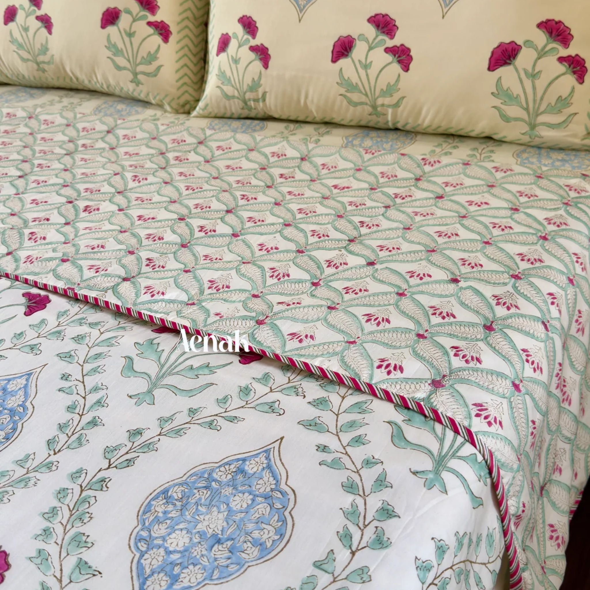 Pink Poppy Jaal Handblock Mulmul Cotton Reversible Dohar (Light Beige Base) by Aenak Studios | Tooffi