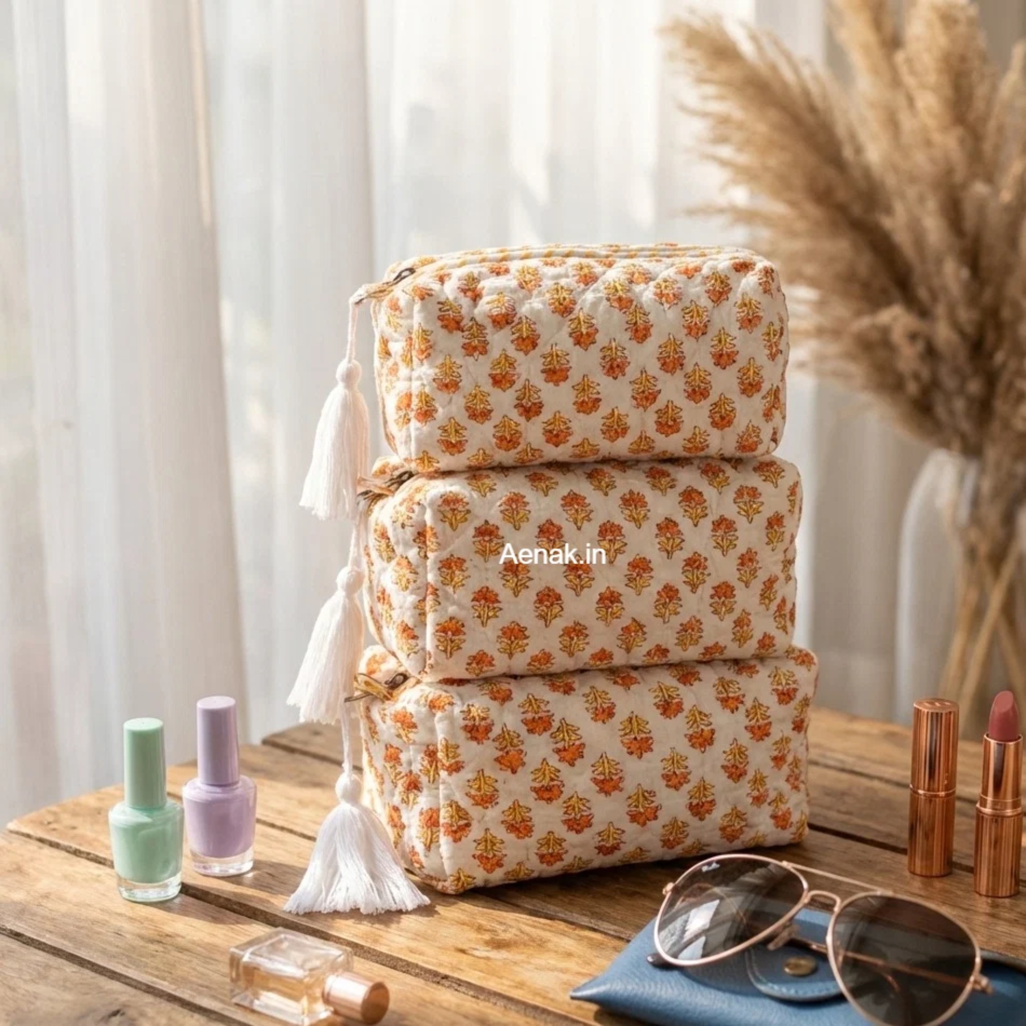 Yellow Tiny Floral Quilted Vanity Pouches-Set of 3 by Aenak Studios | Tooffi