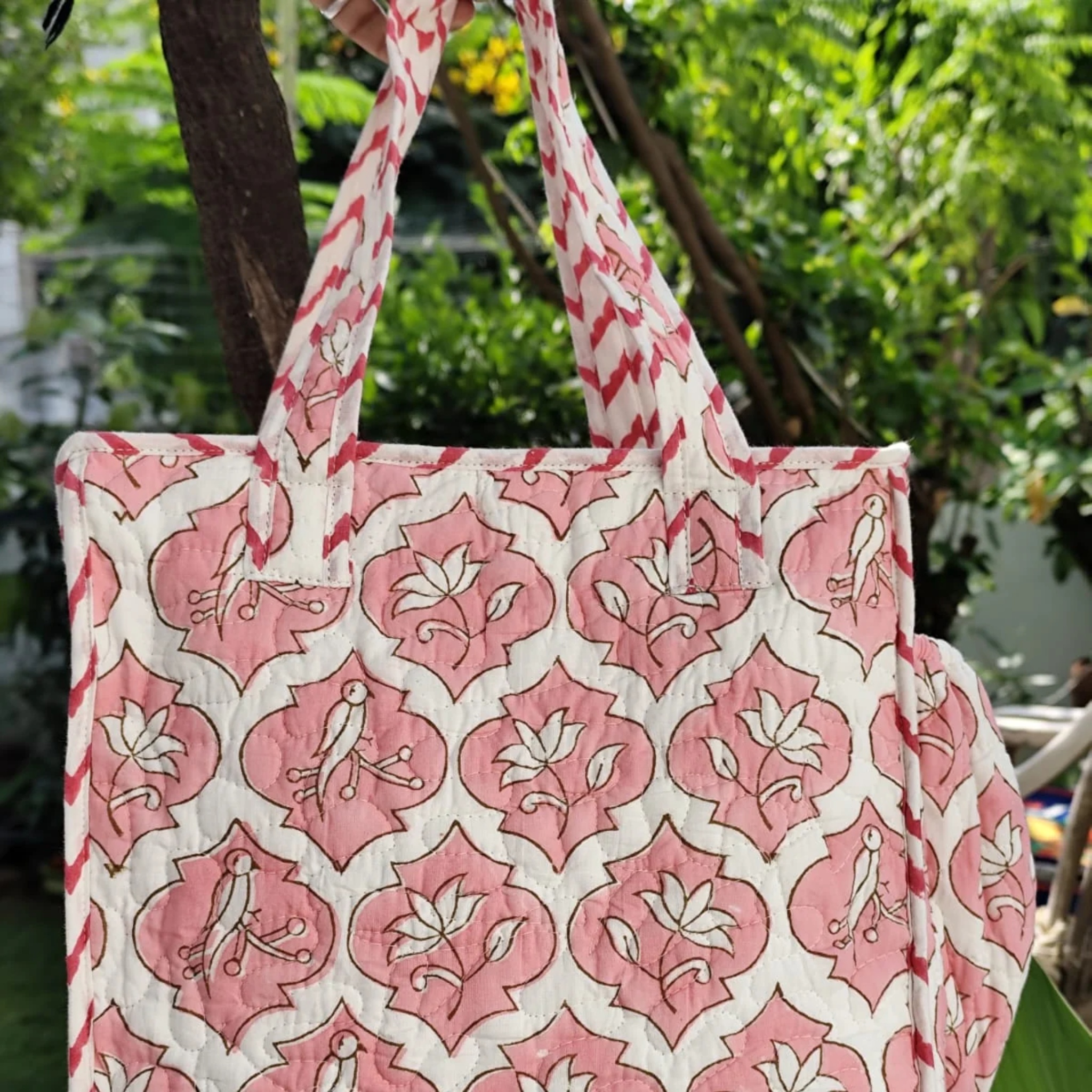 Pink Parrot Boota Handblock Lunch Bag by Aenak Studios | Tooffi