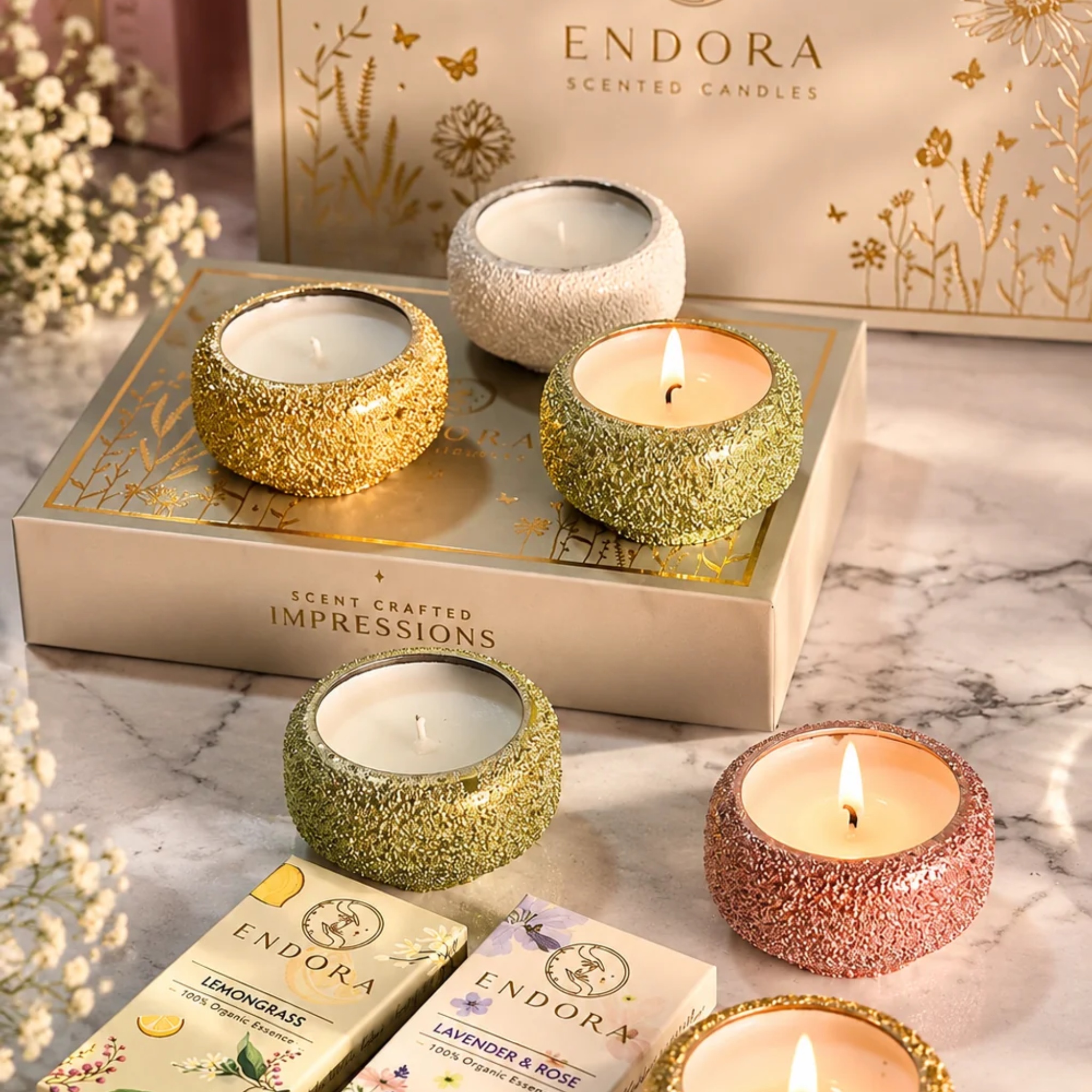 Crinkle Glow Diya Gift Set + 2 Scented Wax Tablets by Endora Scented Candles | Tooffi