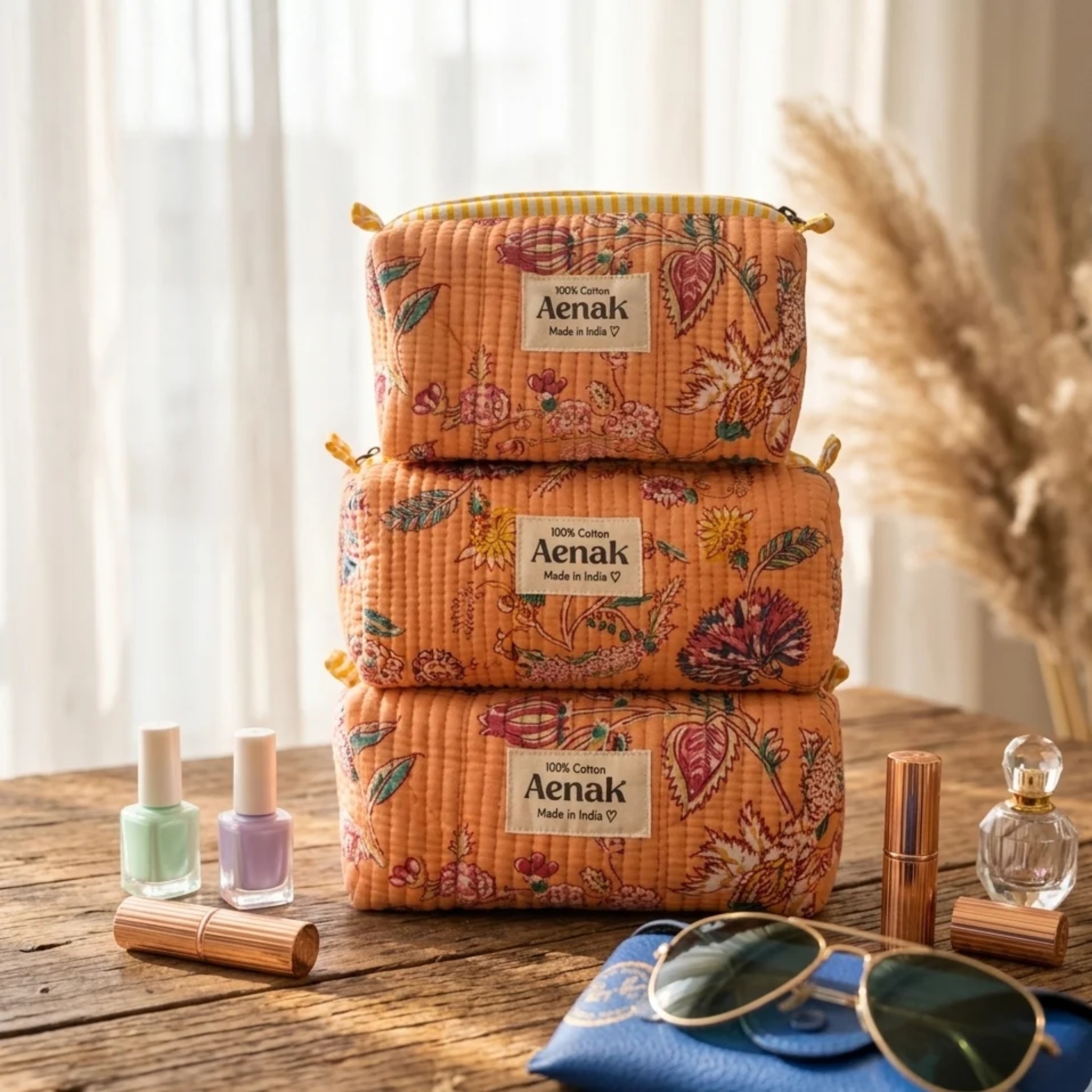 Orange Floral Garden Quilted Vanity Pouches-Set of 3 by Aenak Studios | Tooffi