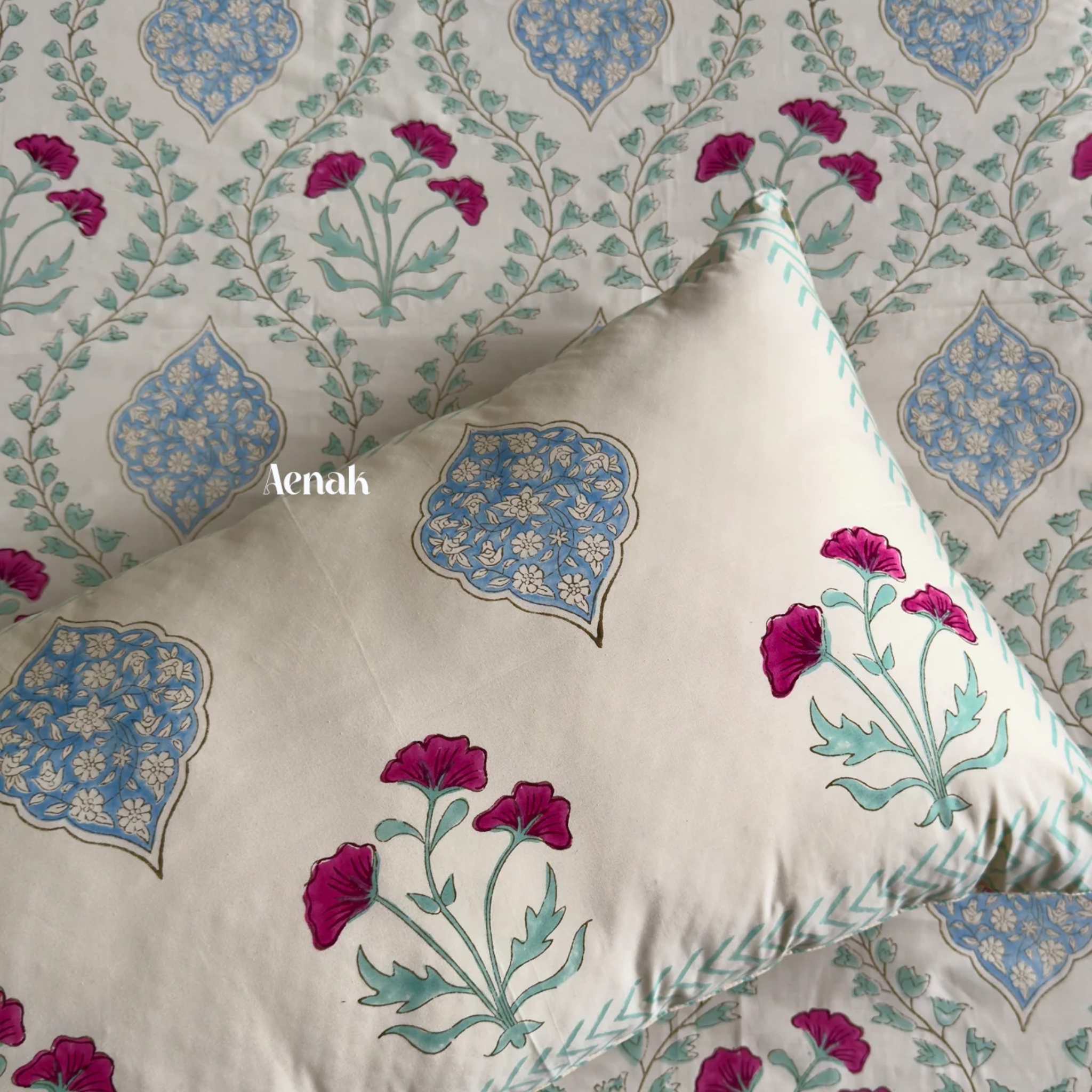 Pink Poppy Handblock Bedsheet + Quilted Bedcover Combo Set (Light Beige Base) by Aenak Studios | Tooffi