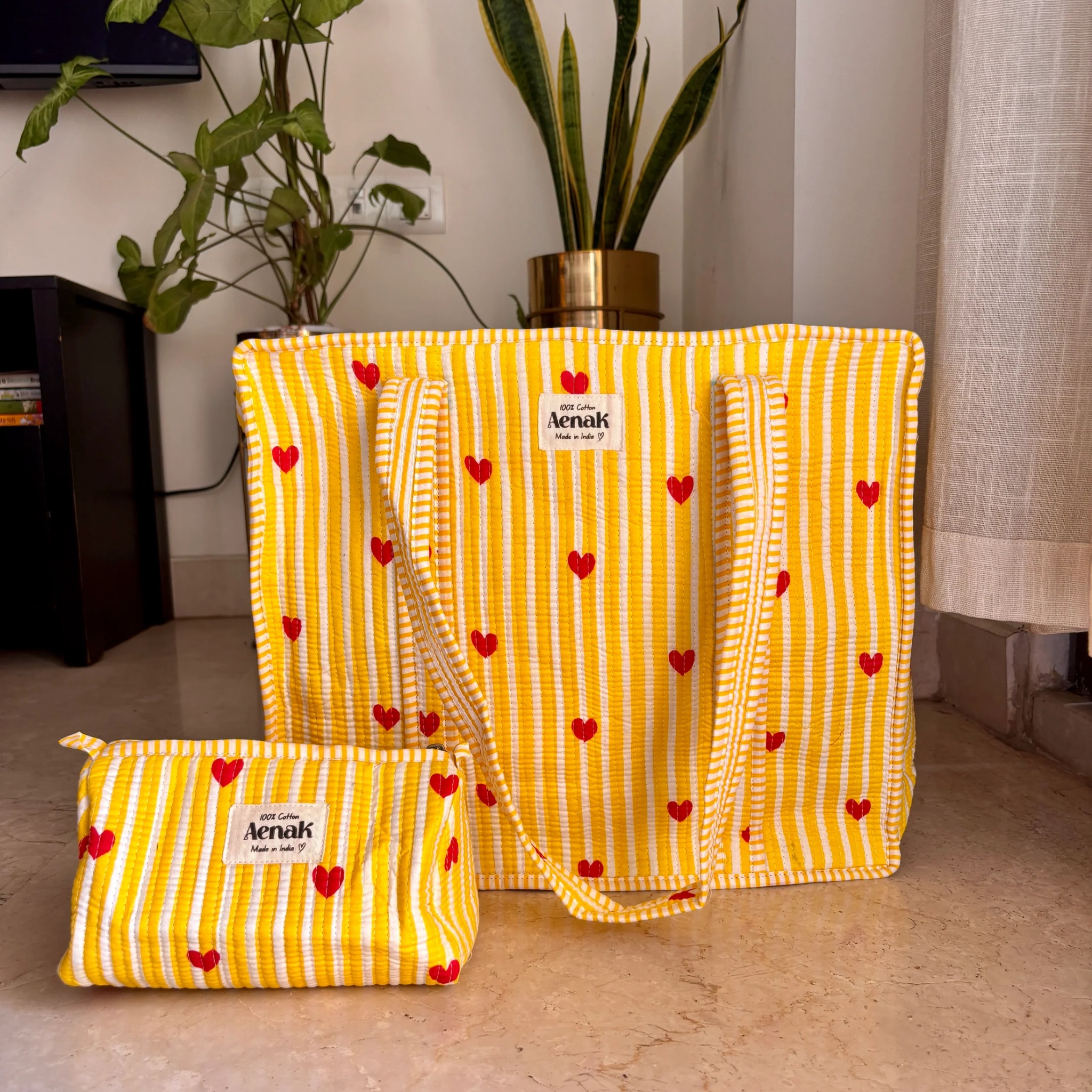 Yellow Little Heart Quilted Cotton Travel Bag + Vanity Pouch by Aenak Studios | Tooffi