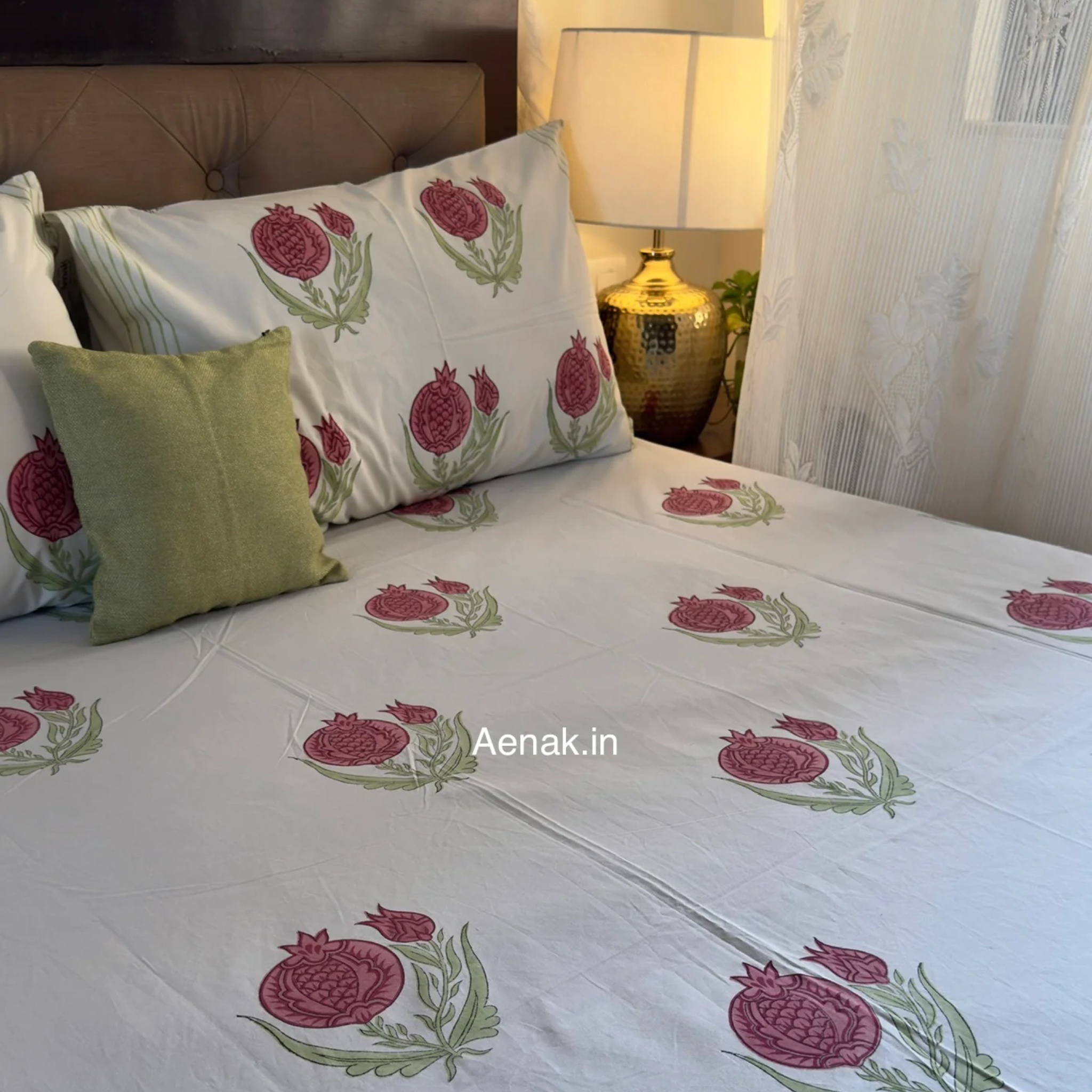 Red Anaar Baag Handblock Premium Cotton Bedsheet Set by Aenak Studios | Tooffi