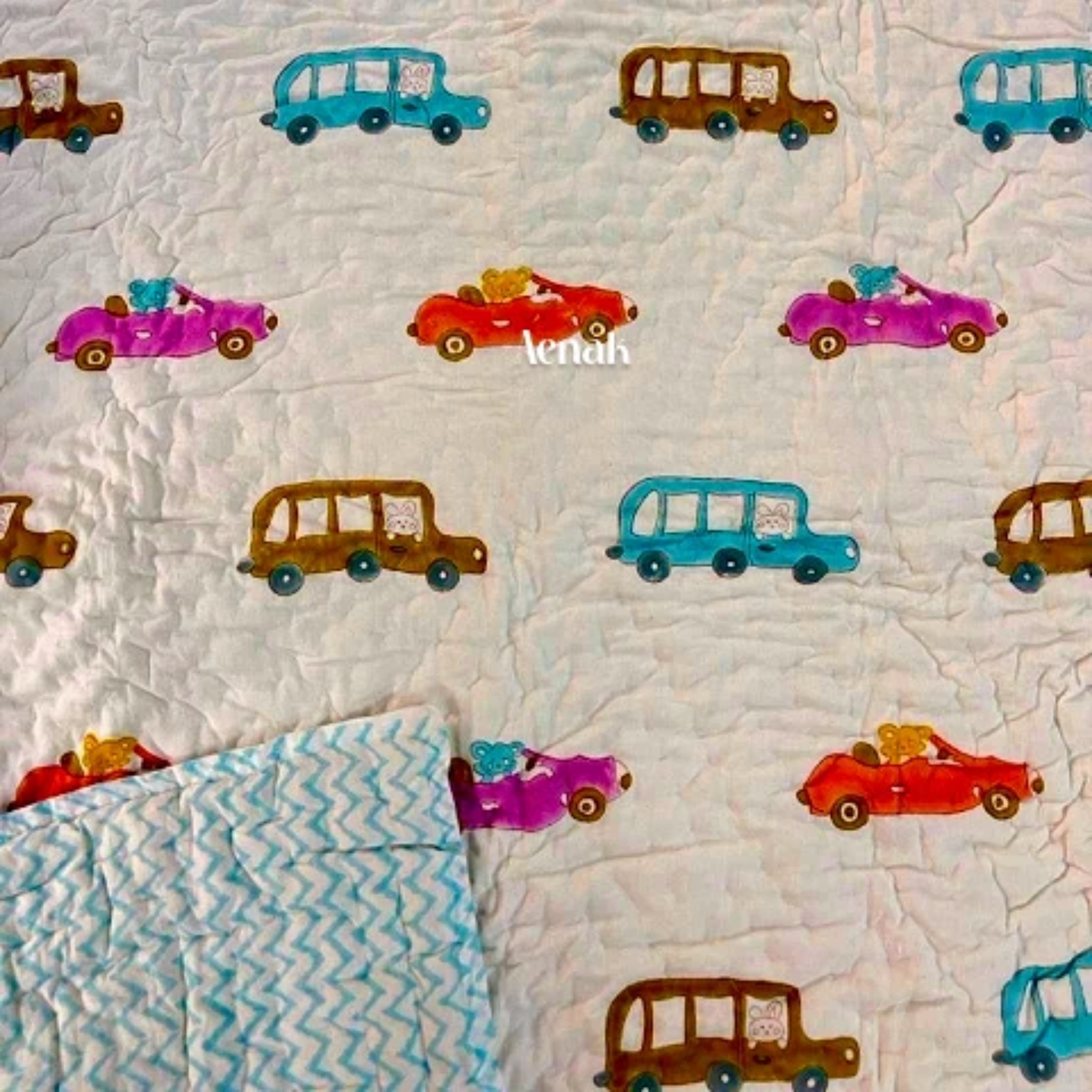 Blue Red Car Handblock Reversible Mulmul Cotton Kids Blanket Set by Aenak Studios | Tooffi
