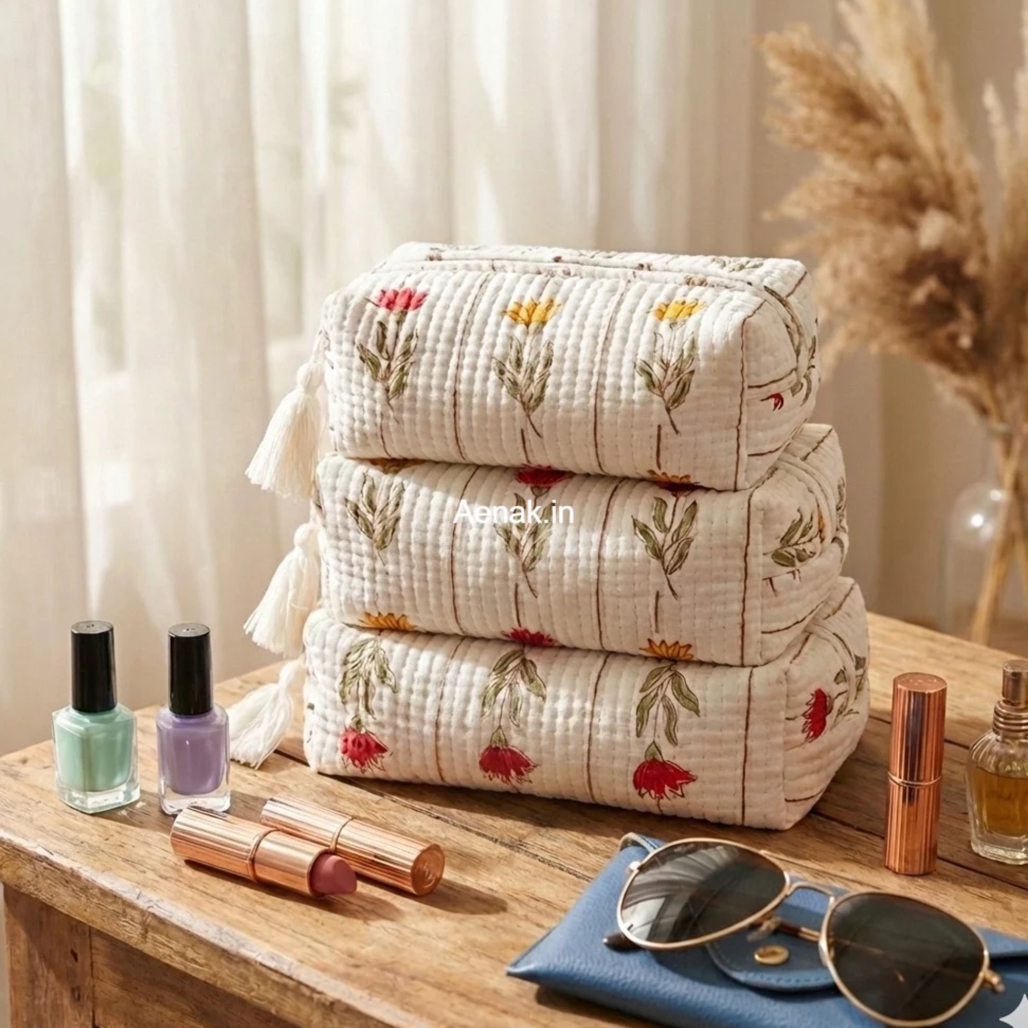 Red & Yellow Quilted Vanity Pouches-Set of 3 by Aenak Studios | Tooffi