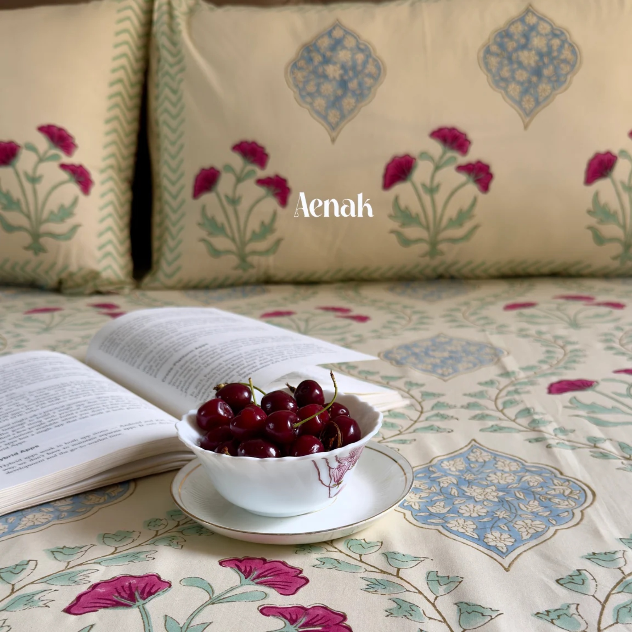 Pink Poppy Handblock Bedsheet + Quilted Bedcover Combo Set (Light Beige Base) by Aenak Studios | Tooffi