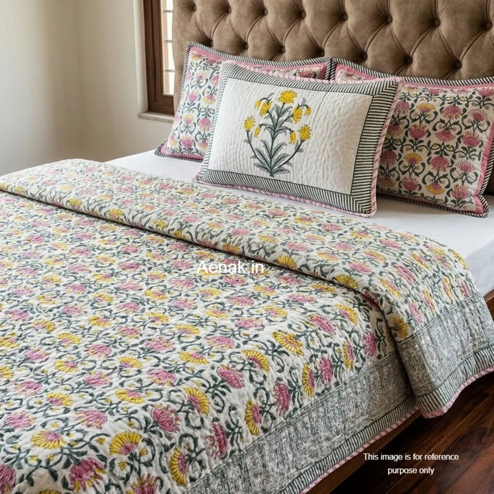 Pink & Yellow Lotus Handblock Bedsheet + Quilted Bedcover Combo Set by Aenak Studios | Tooffi
