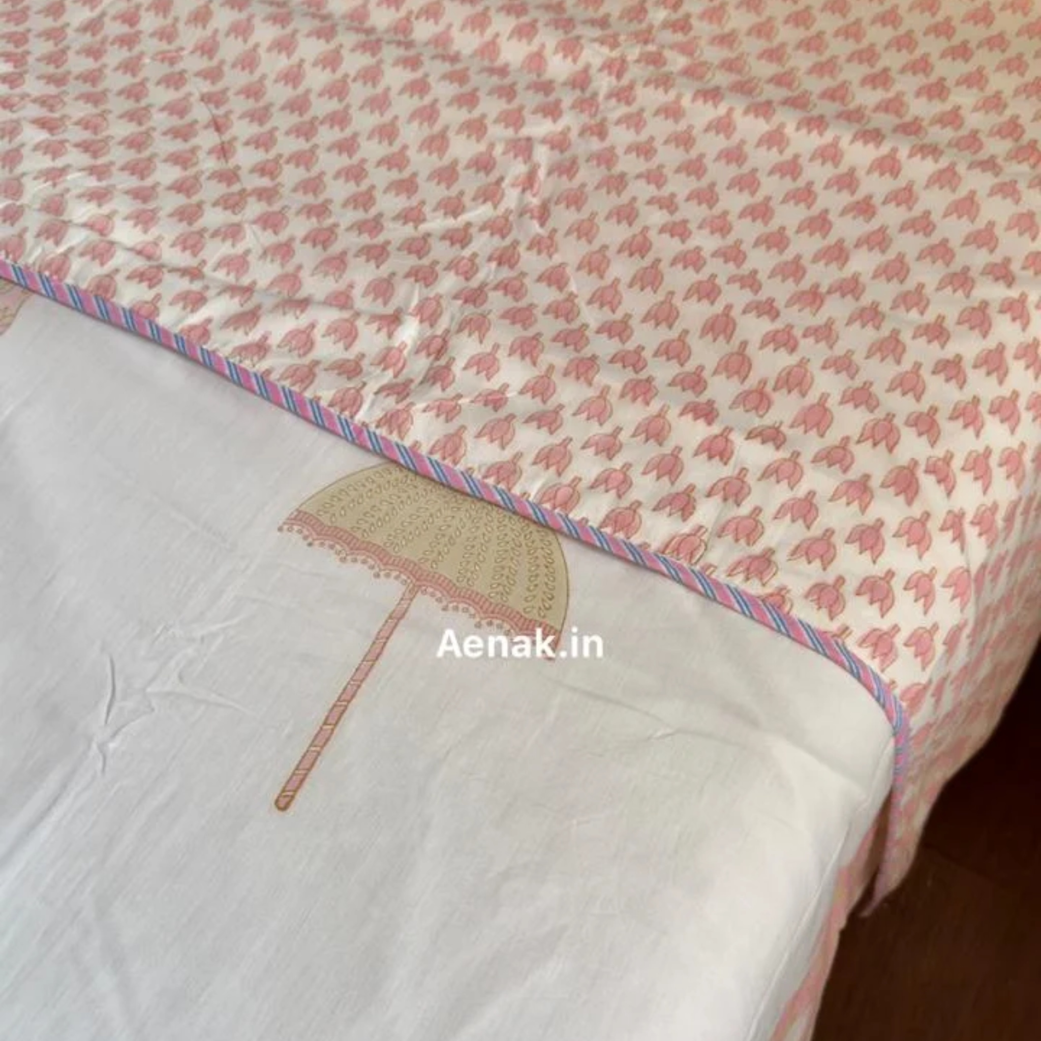Pink Elephant Handblock Mulmul Cotton Reversible Dohar by Aenak Studios | Tooffi