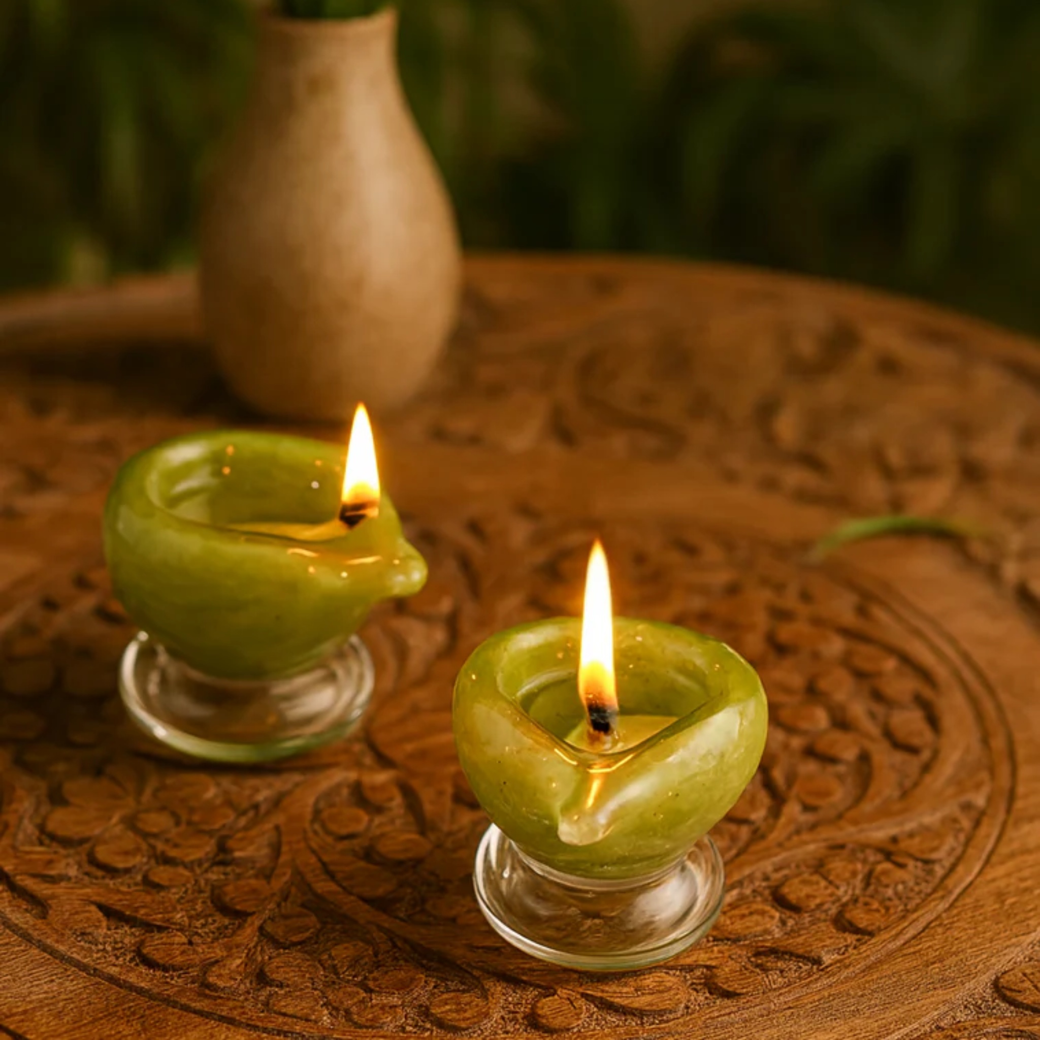 Art Glass Puja Diya- Mehndi ki Mehak (set of 2 Festive Pack) by RUSTIC HORSE GLASS STUDIO | Tooffi