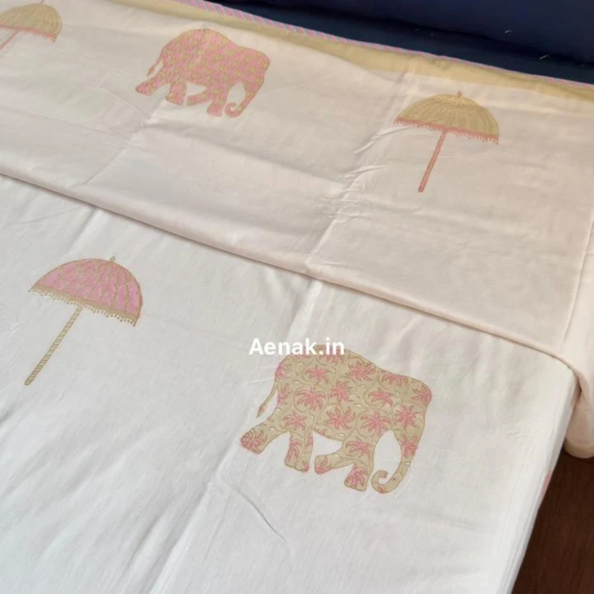 Pink Elephant Handblock Mulmul Cotton Reversible Dohar by Aenak Studios | Tooffi