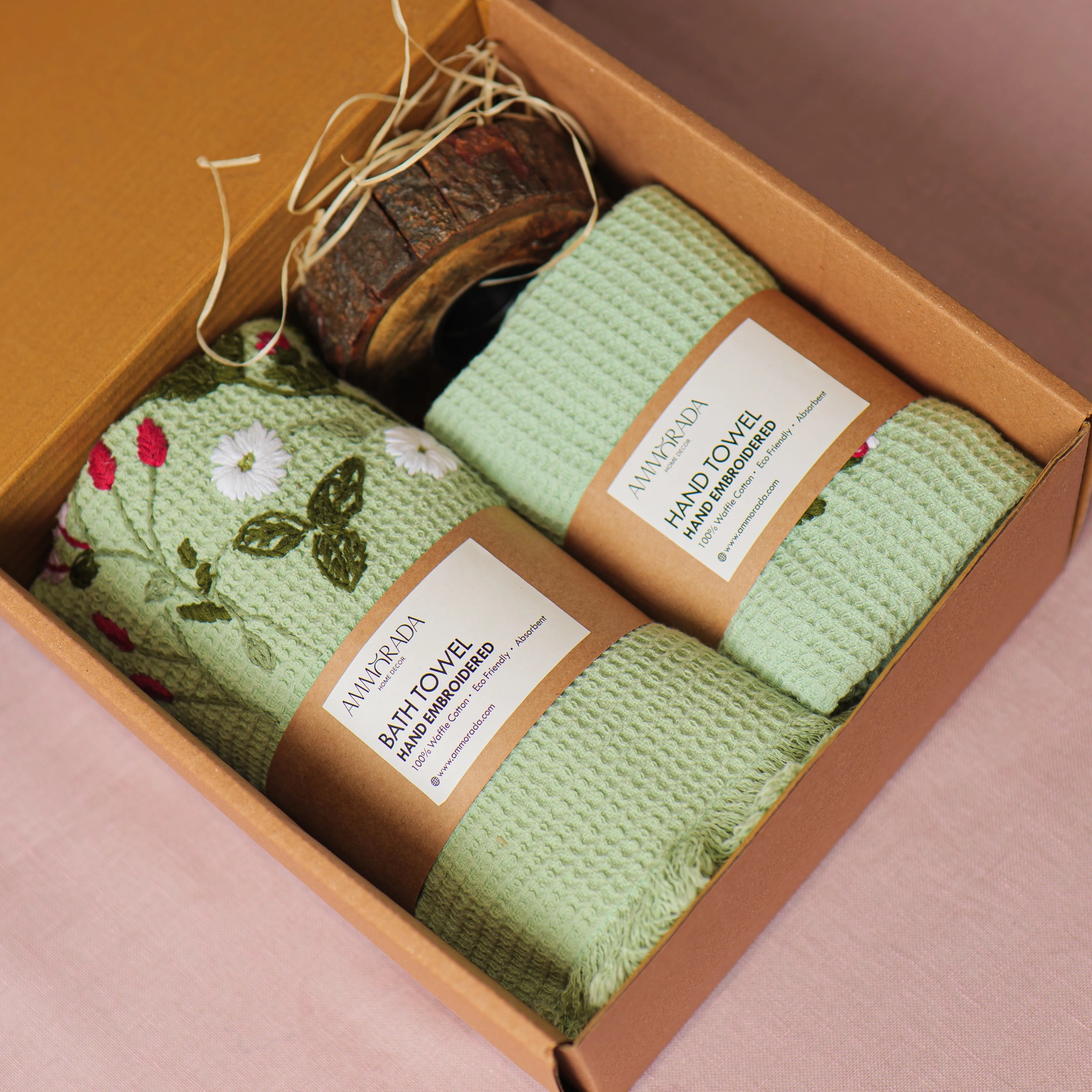 Spark & Smile Tulip Waffle Embroidered Towel Set Gift Set (Swamp Green) by Ammorada | Tooffi