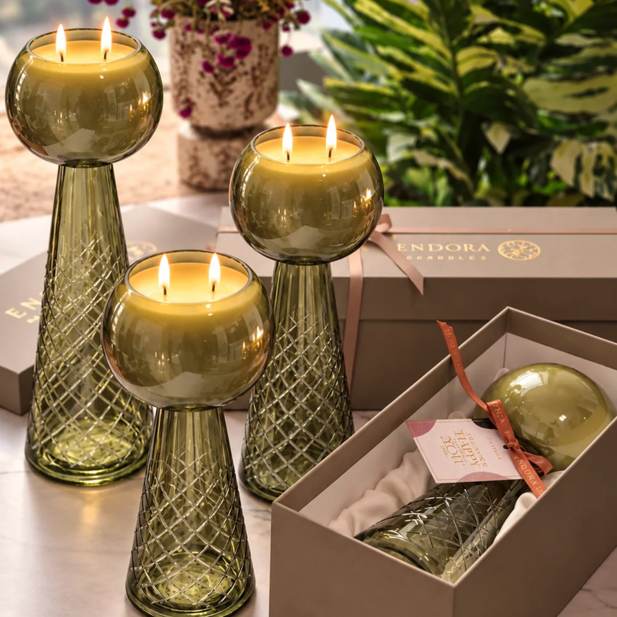 Luxe Luminance Pedestal Candles | Crystal Olive Green Glass by Endora Scented Candles | Tooffi