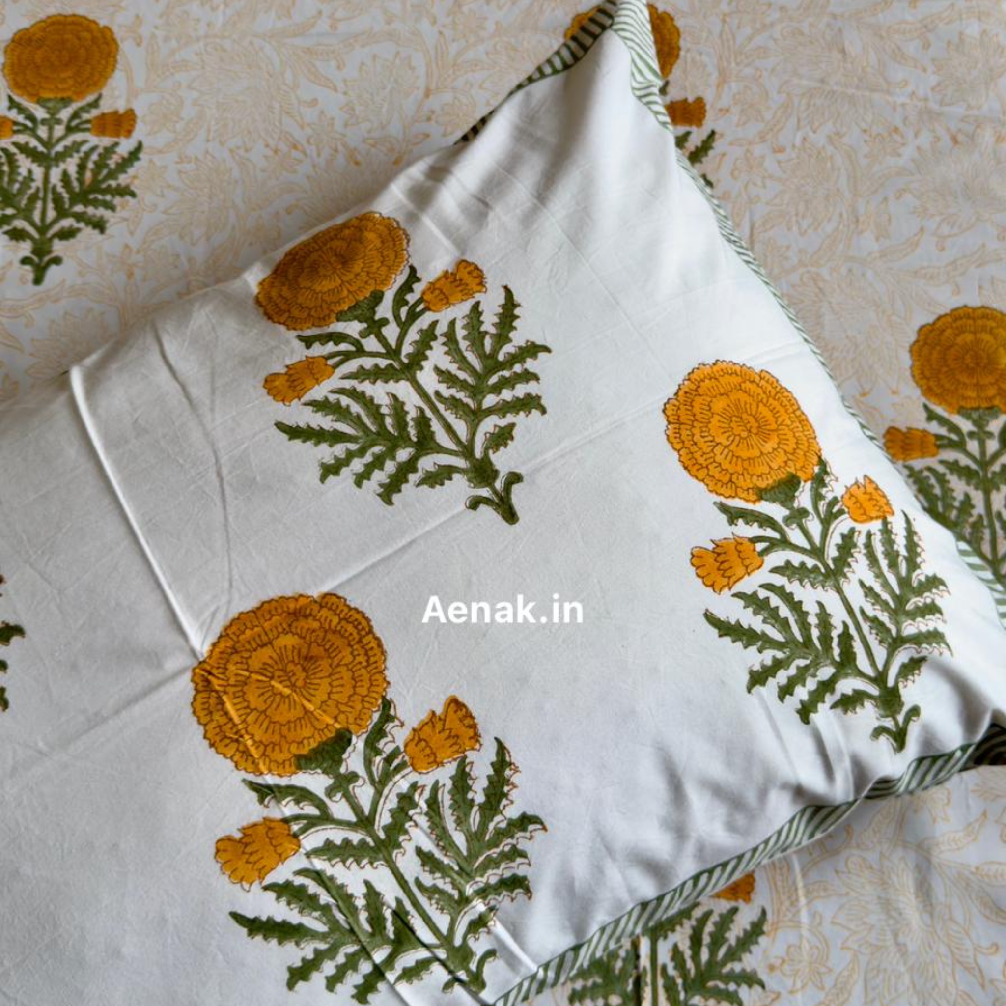 Turmeric Yellow Paani Jaal Handblock Premium Cotton Bedsheet Set by Aenak Studios | Tooffi