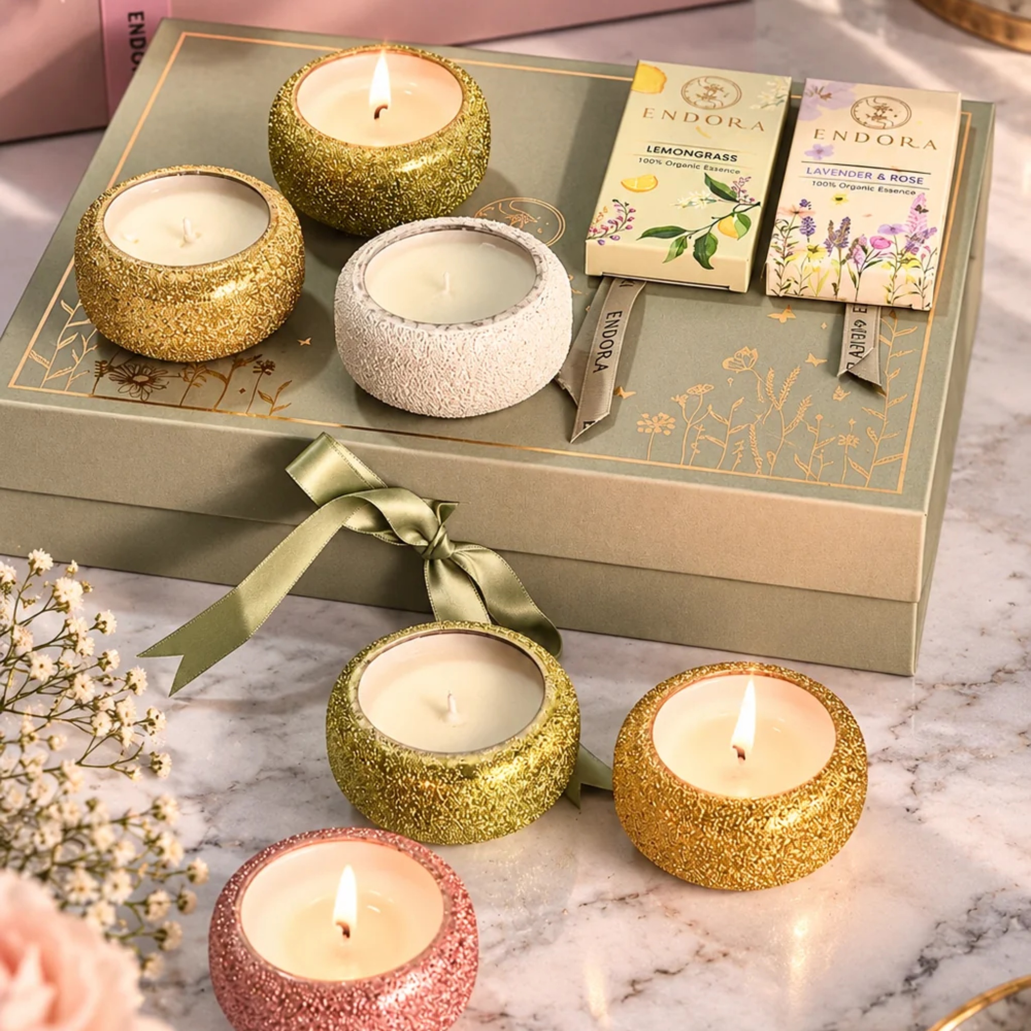 Crinkle Glow Diya Gift Set + 2 Scented Wax Tablets by Endora Scented Candles | Tooffi