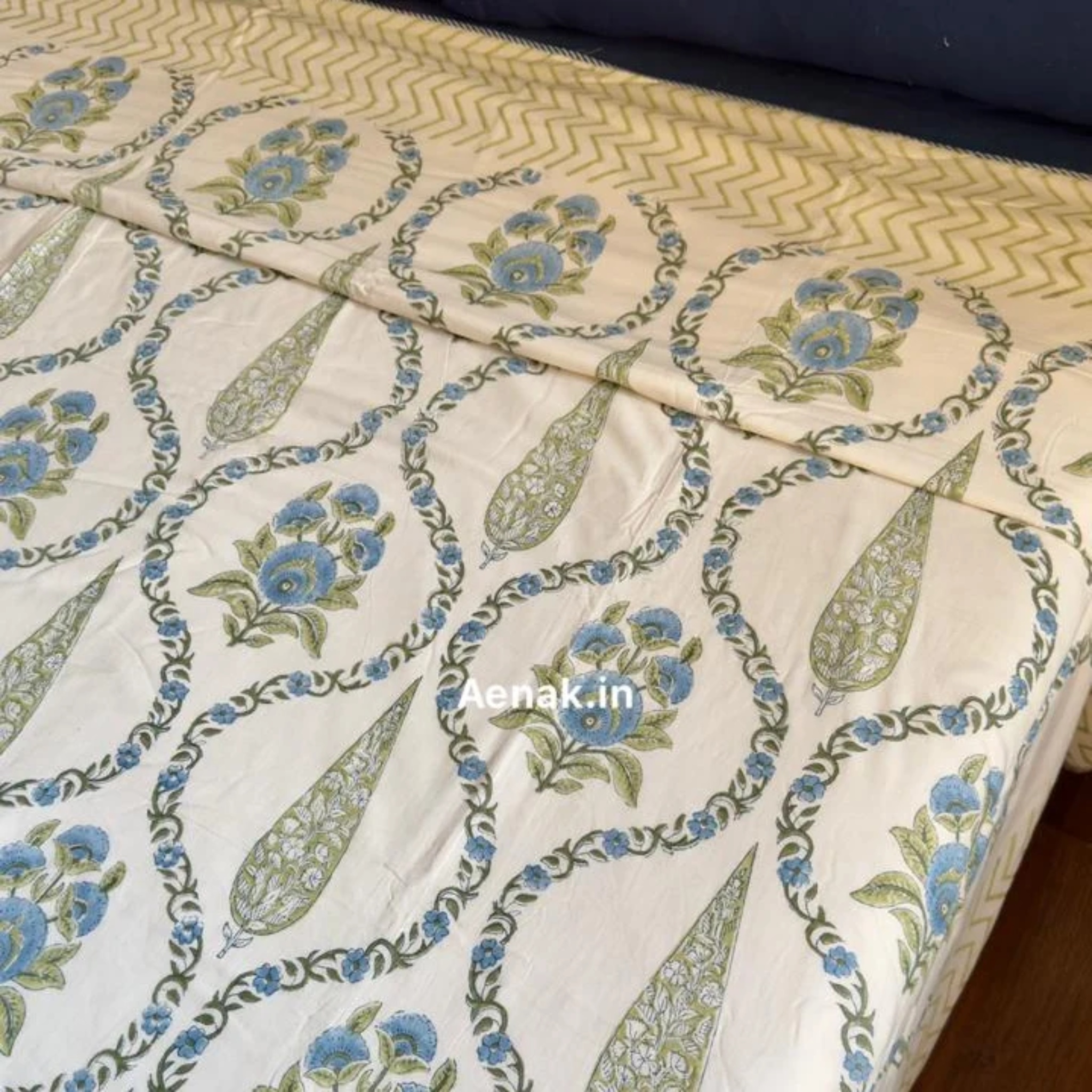 Blue Jaipuri Jaal Handblock Mulmul Cotton Reversible Dohar by Aenak Studios | Tooffi