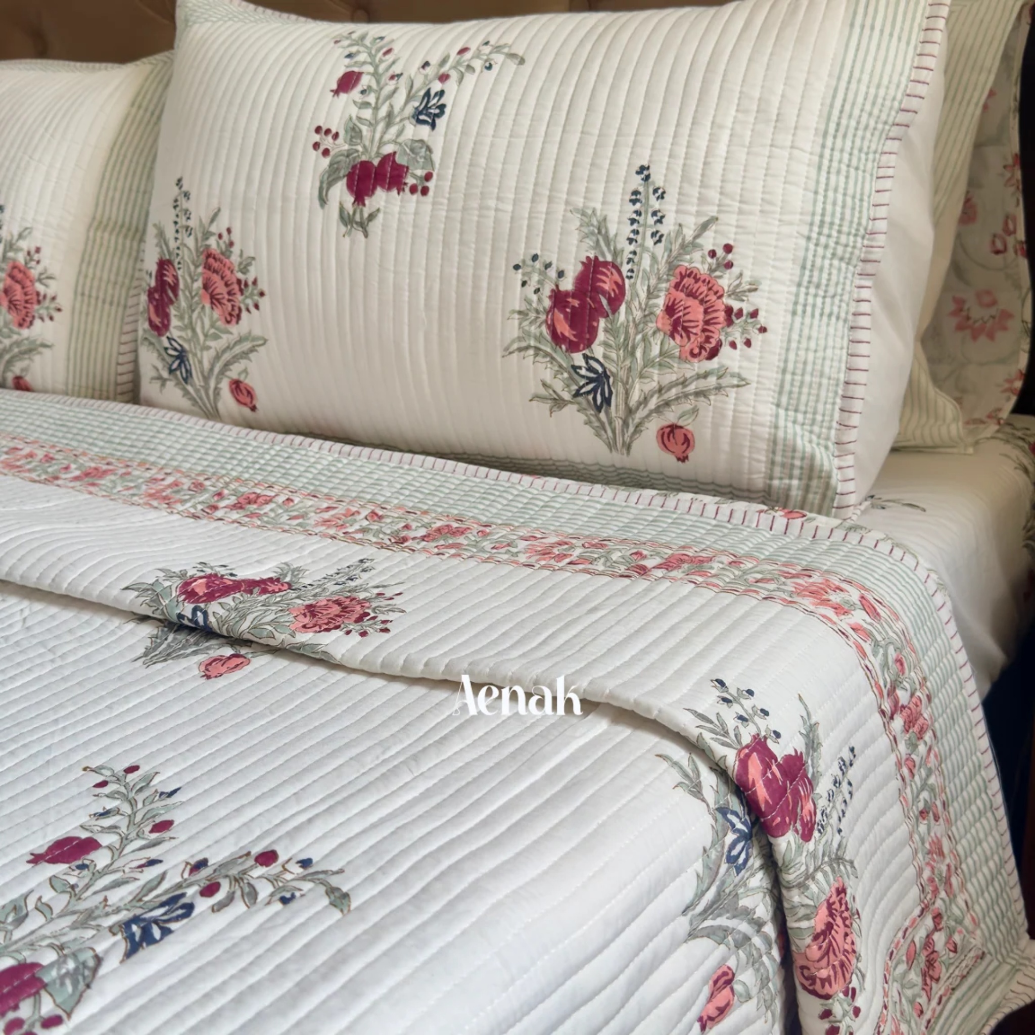 Burgundy Anaar Handblock Bedsheet + Straight Quilted Bedcover Combo Set by Aenak Studios | Tooffi