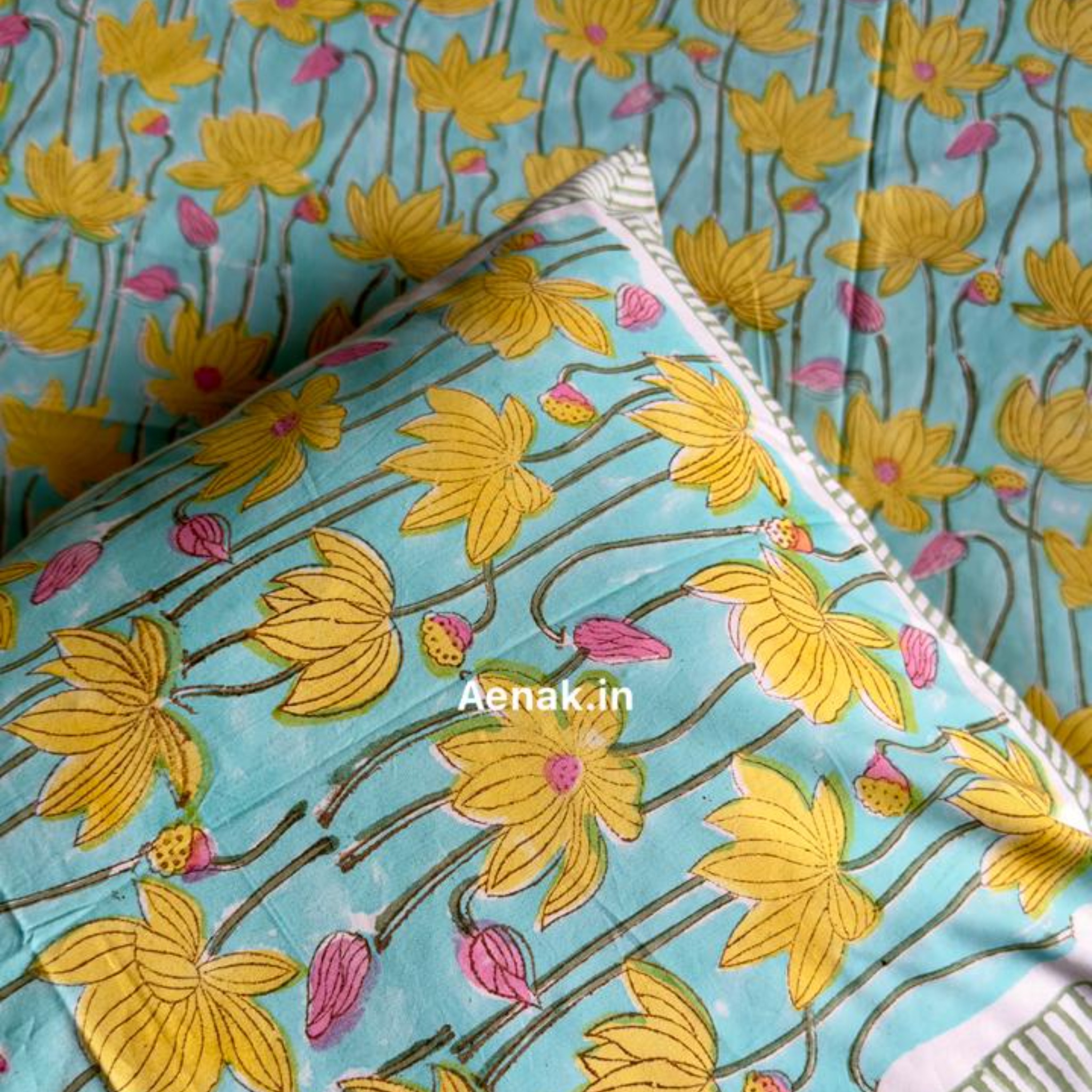Yellow Pichwai Lotus Handblock Premium Cotton Bedsheet Set by Aenak Studios | Tooffi