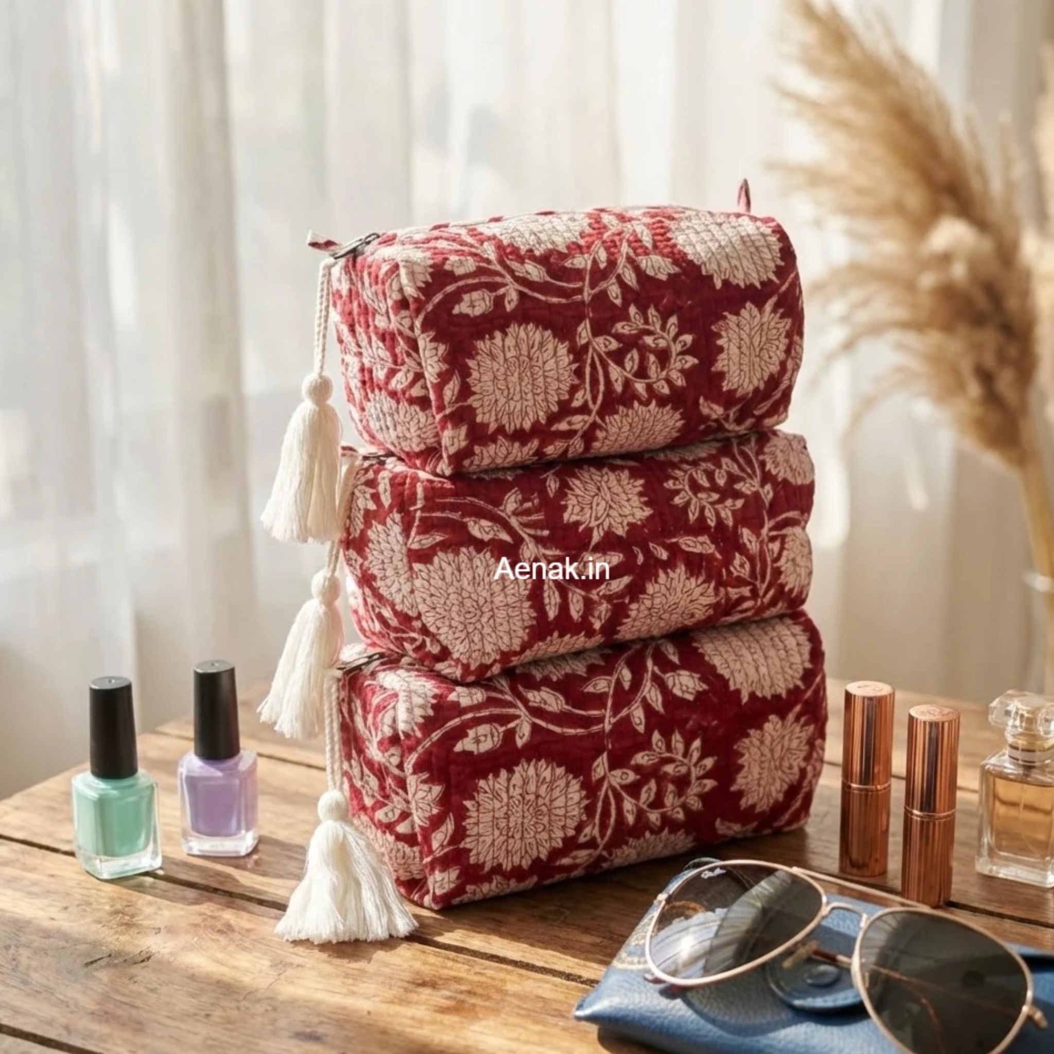 Red Floral Quilted Vanity Pouches-Set of 3 by Aenak Studios | Tooffi