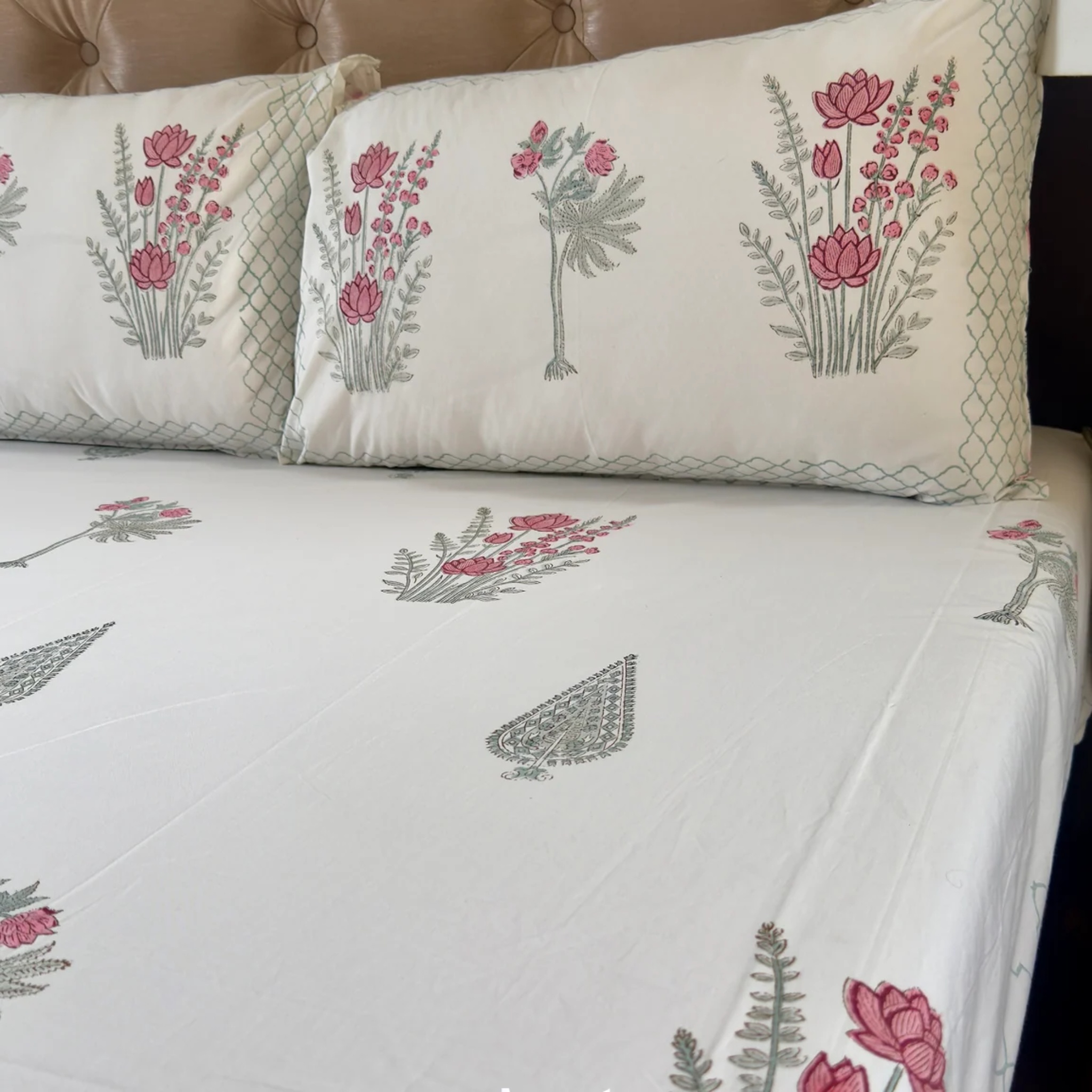 Green Ashoka Handblock Premium Cotton Bedsheet Set by Aenak Studios | Tooffi