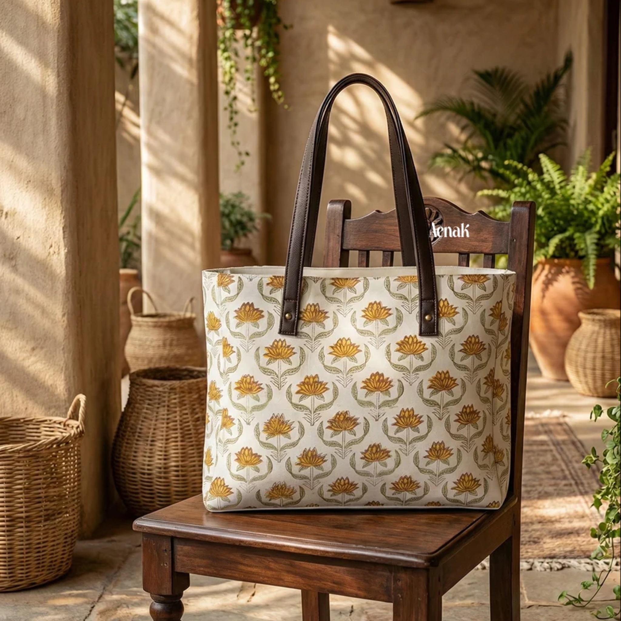 Yellow Lotus Jaal Handblock Artisanal Handbag by Aenak Studios | Tooffi