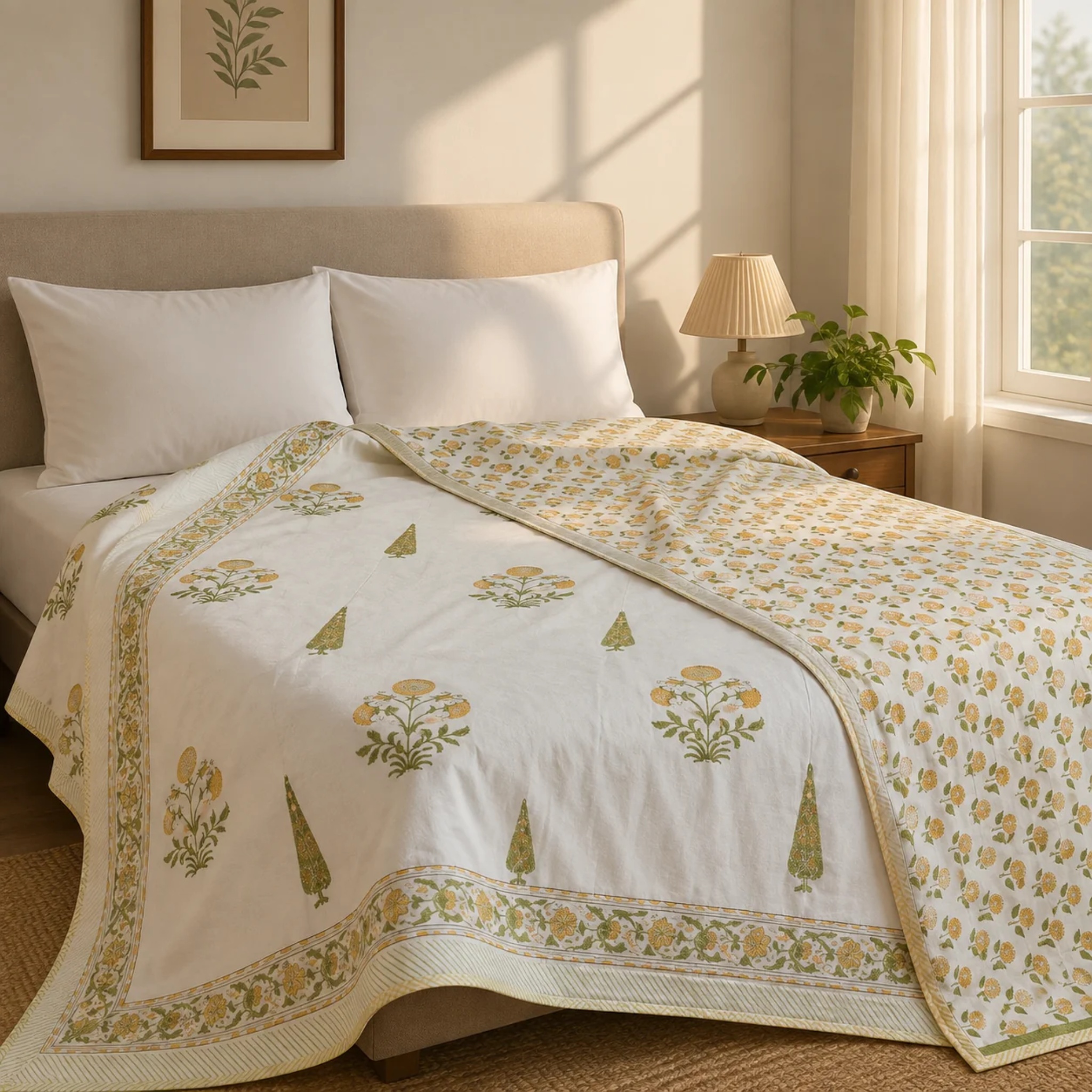 Yellow Dahlia Handblock Bedsheet + Dohar Combo Set by Aenak Studios | Tooffi