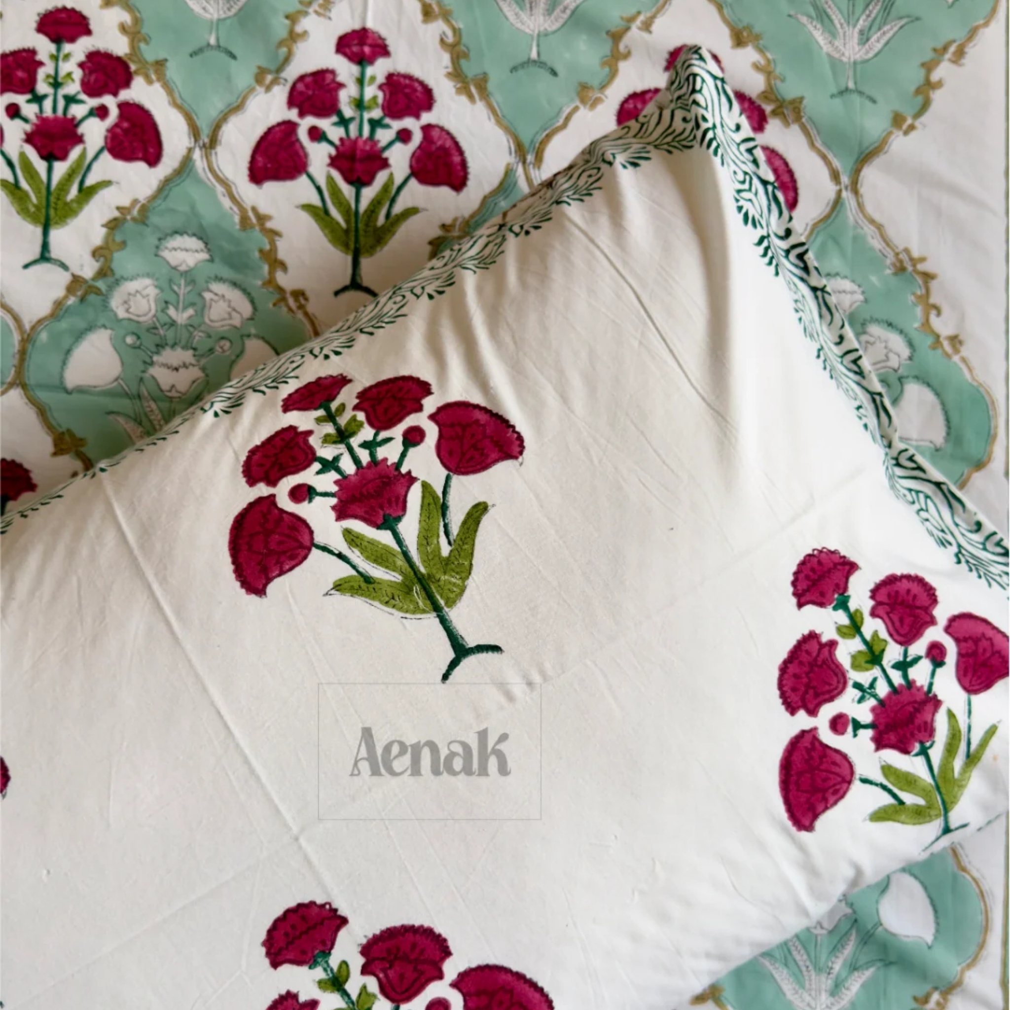 Green & Red Dahlia Handblock Premium Cotton Bedsheet Set by Aenak Studios | Tooffi