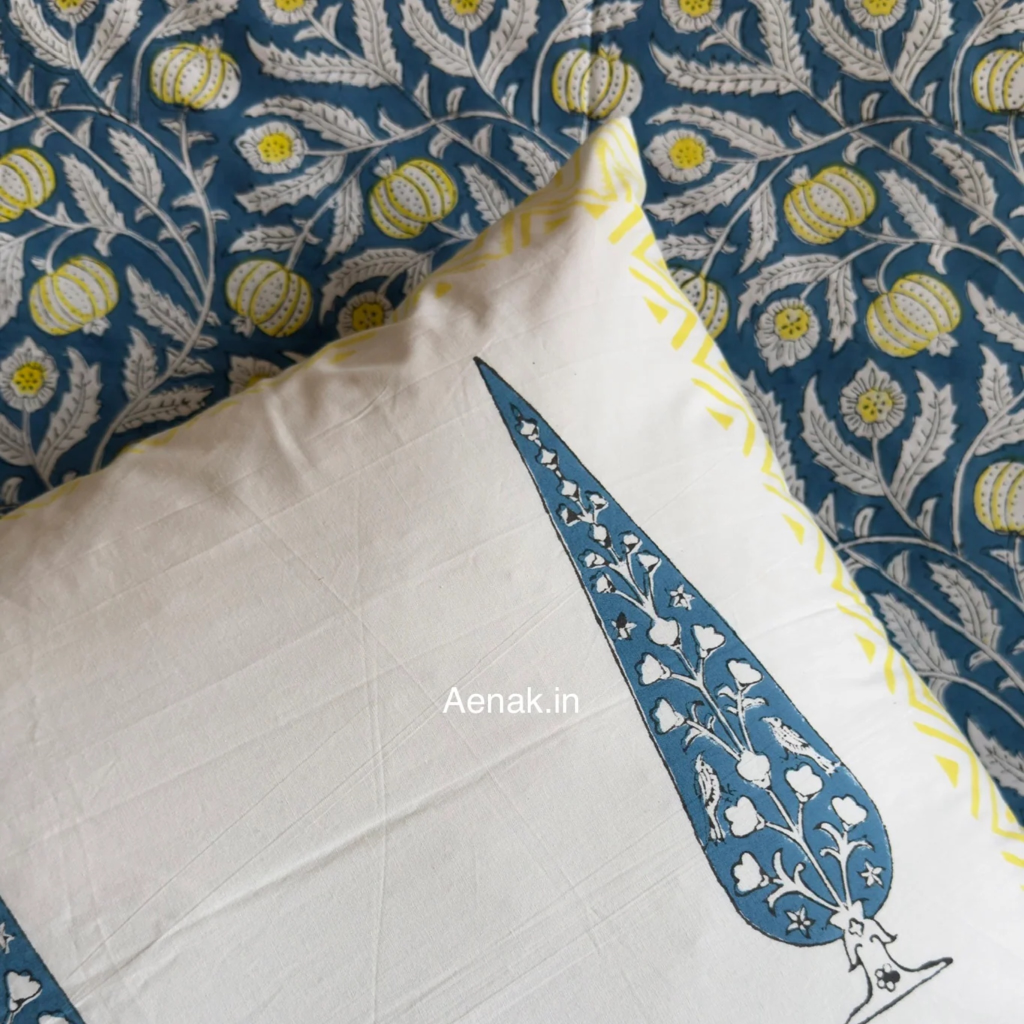 Blue Yellow Anaar Handblock Premium Cotton Bedsheet Set by Aenak Studios | Tooffi