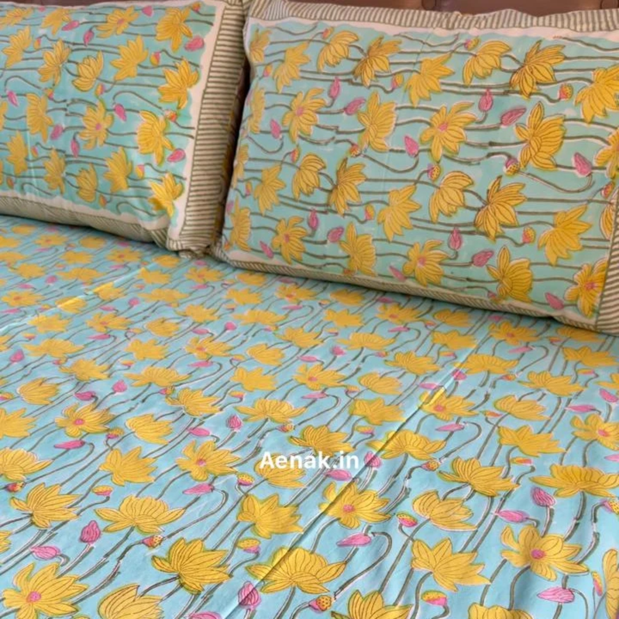 Yellow Pichwai Lotus Handblock Premium Cotton Bedsheet Set by Aenak Studios | Tooffi