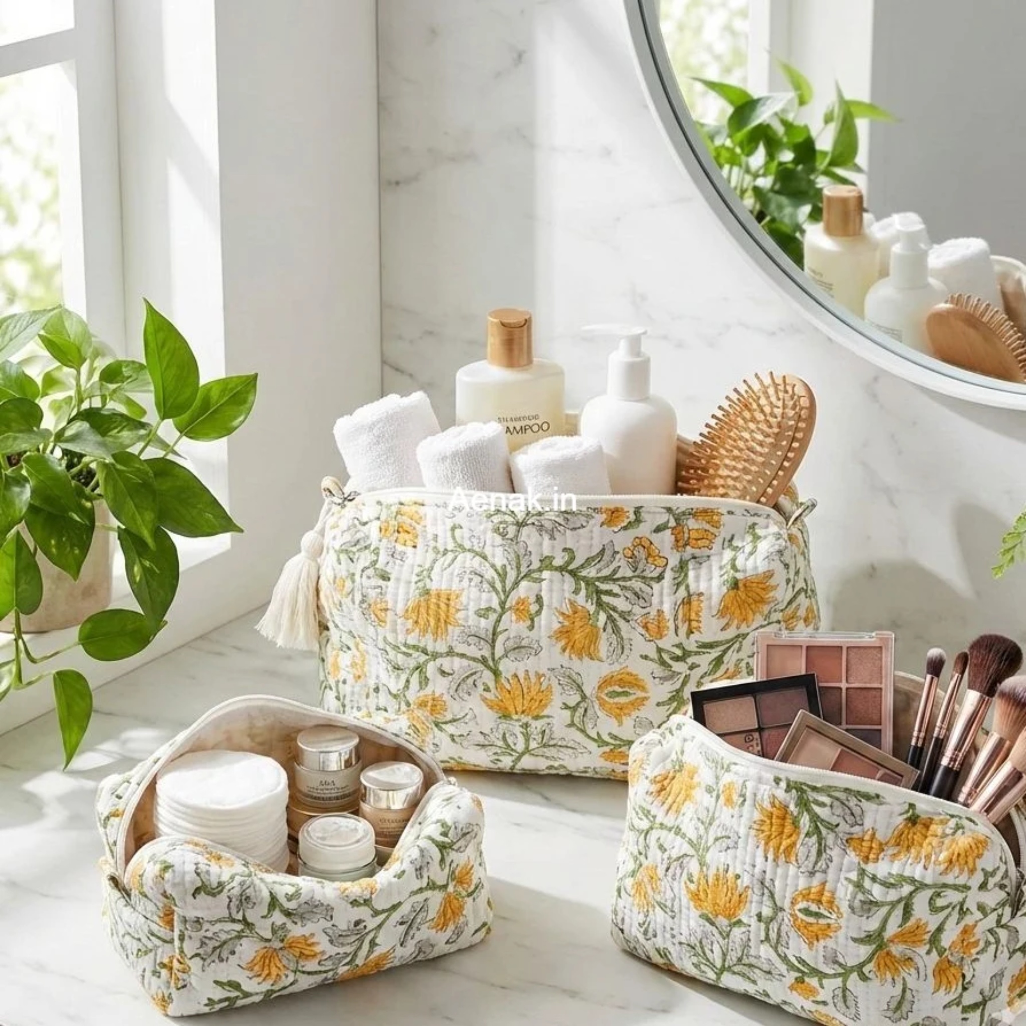 Yellow Marigold Quilted Vanity Pouches-Set of 3 by Aenak Studios | Tooffi