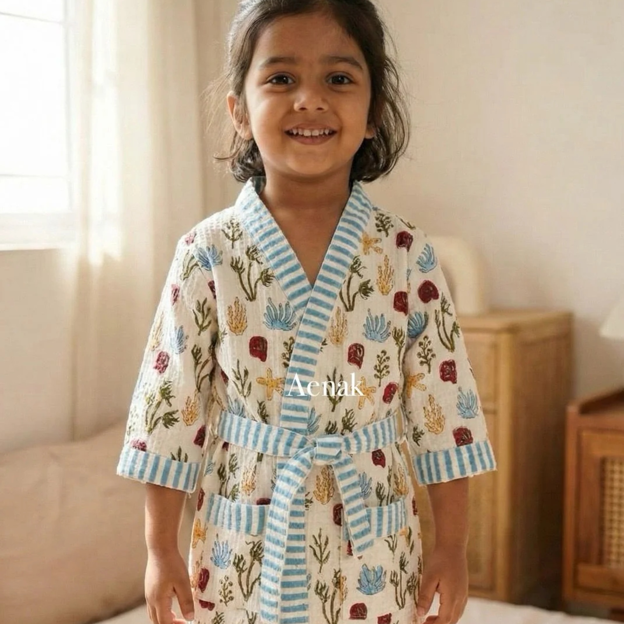Aquatic Print Handblock Cotton Bathrobe Set by Aenak Studios | Tooffi