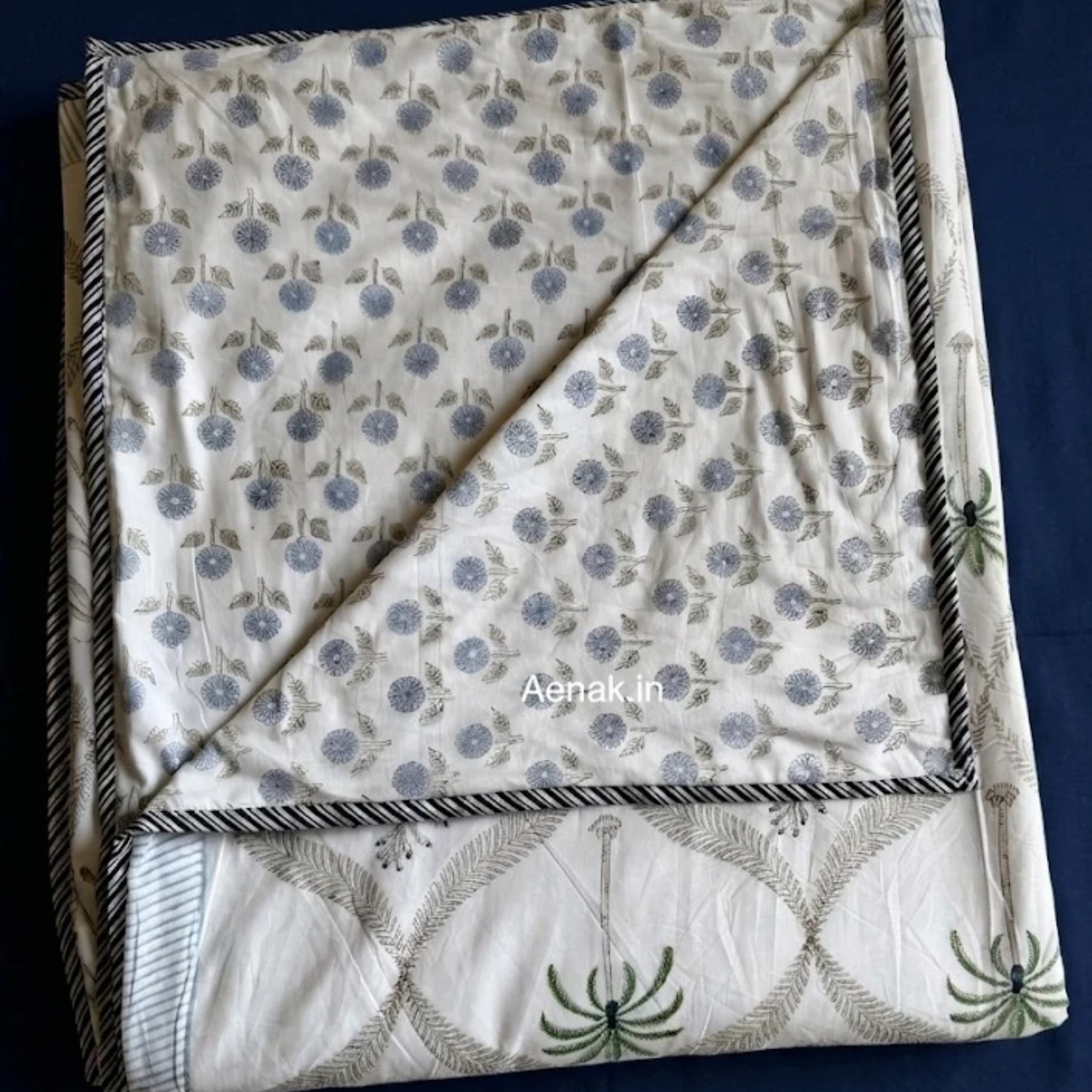 Blue Floral Palm Jaal Handblock Mulmul Cotton Reversible Dohar by Aenak Studios | Tooffi