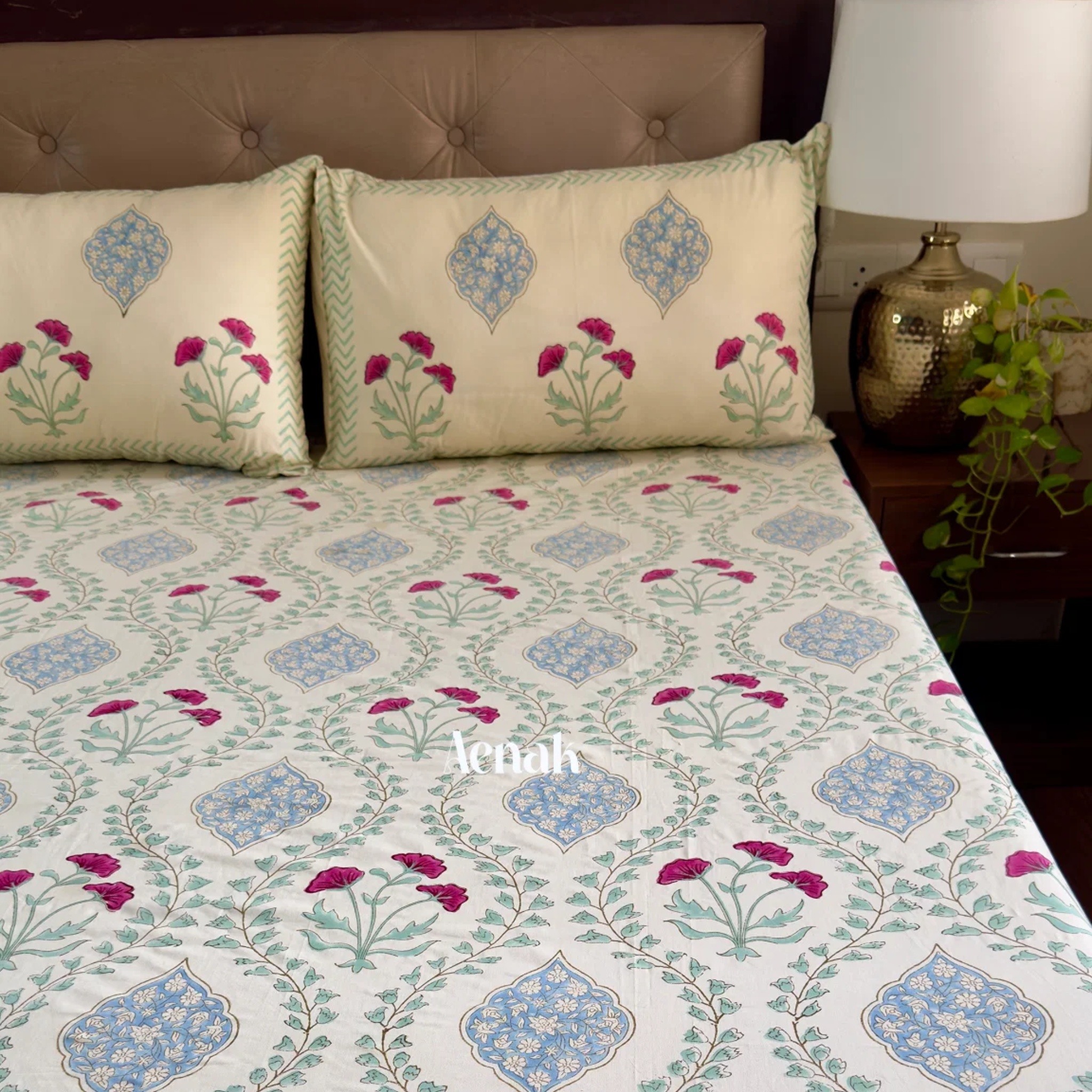 Pink Poppy Jaal Handblock Premium Cotton Bedsheet Set (Light Beige Base) by Aenak Studios | Tooffi