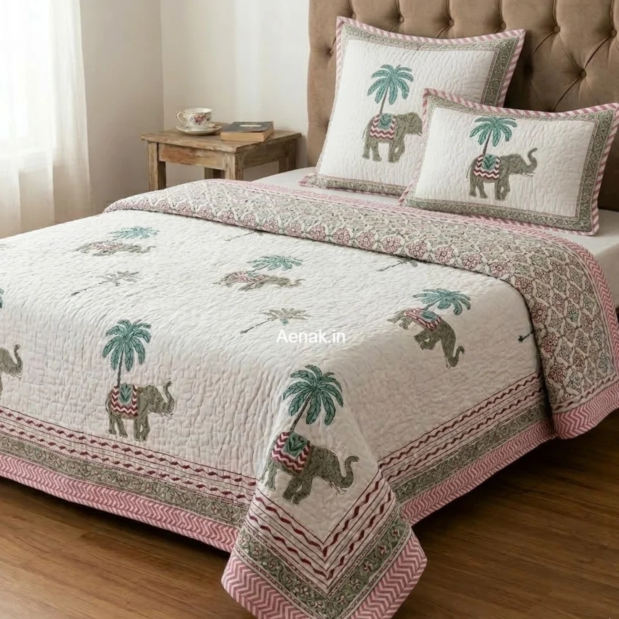Grey Elephant Handblock Bedsheet + Quilted Bedcover Combo Set by Aenak Studios | Tooffi
